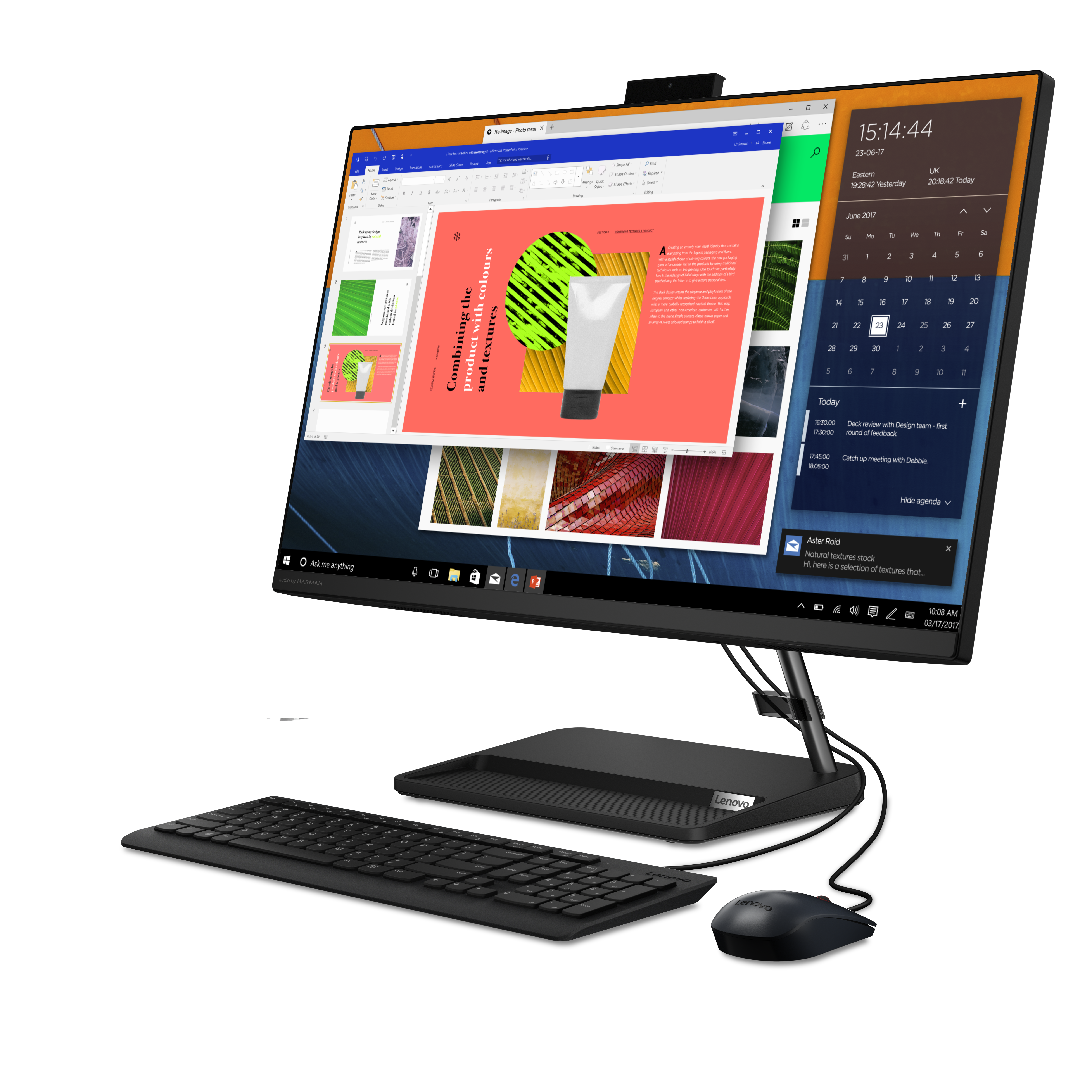 Ein Lenovo All-in-One-Computer mit Tastatur und Maus zeigt eine Präsentation.