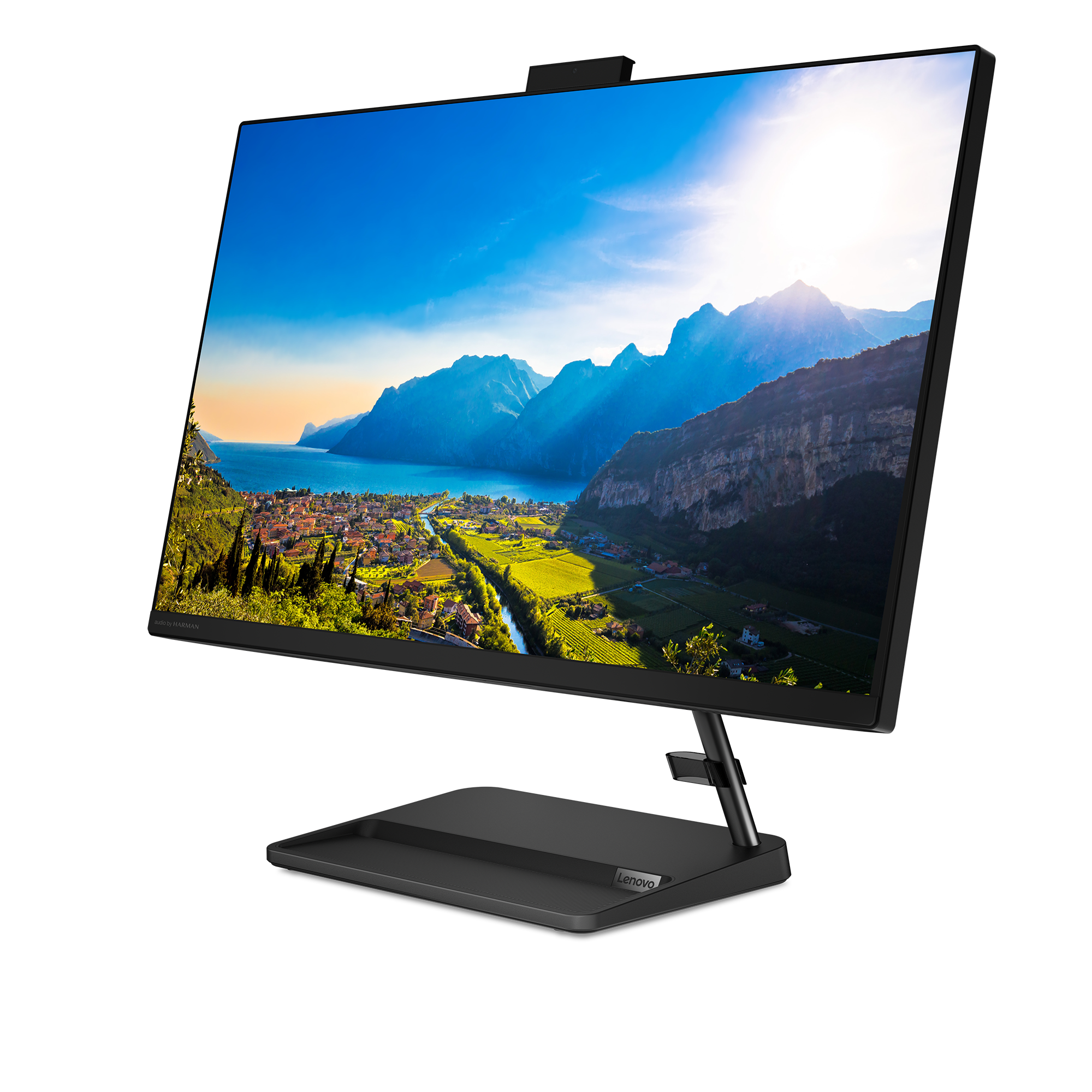 Ein Lenovo All-in-One PC mit Bergsee-Landschaft auf dem Bildschirm.