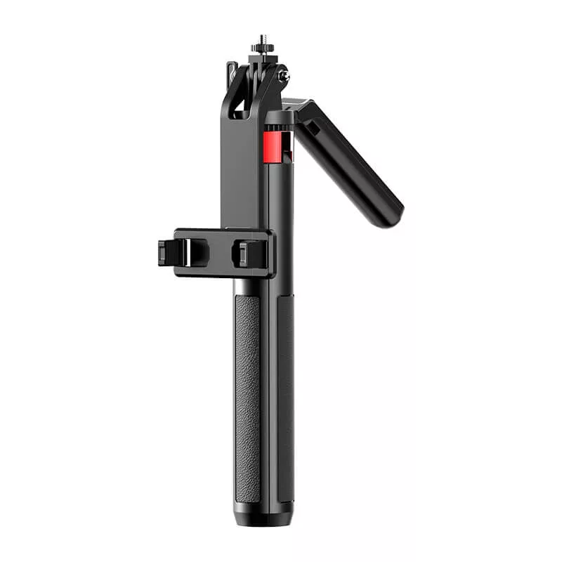 Fekete kézi tripod markolat telefontartóval és összecsukható markolattal.