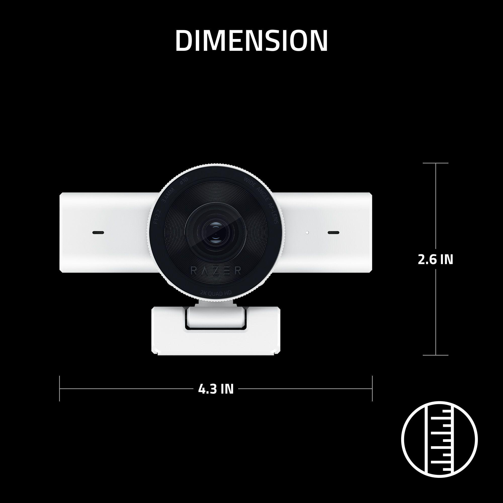 Weiße Webcam mit Maßen 4,3 x 2,6 Zoll. Razer-Logo auf Linse.