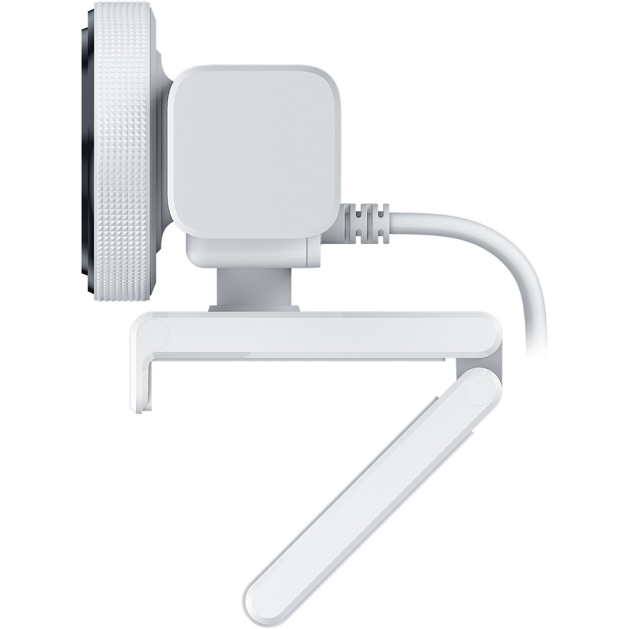 Eine weiße Webcam mit drehbarem Gelenk und Kabel.