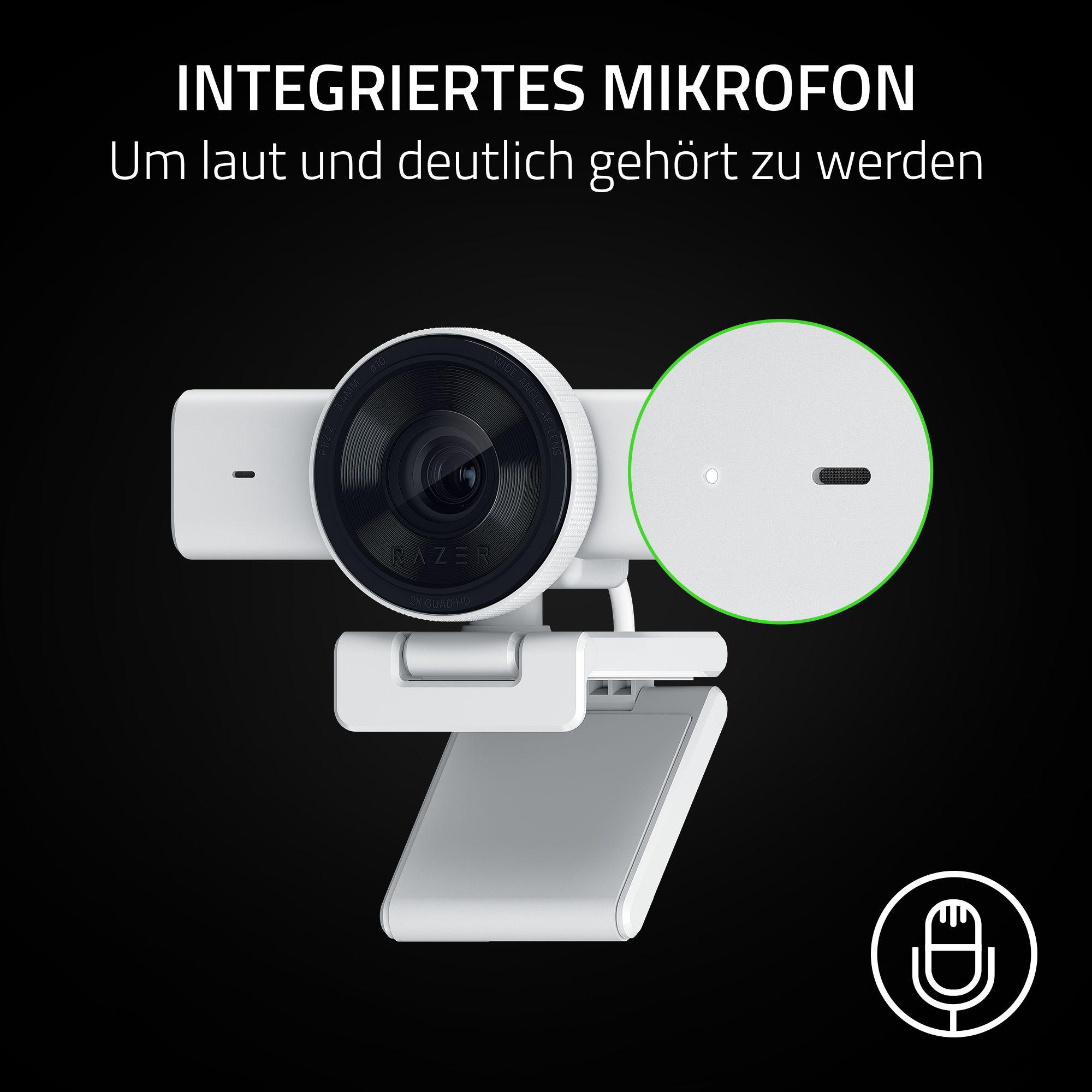 Weiße Webcam mit Mikrofonansicht und Text.