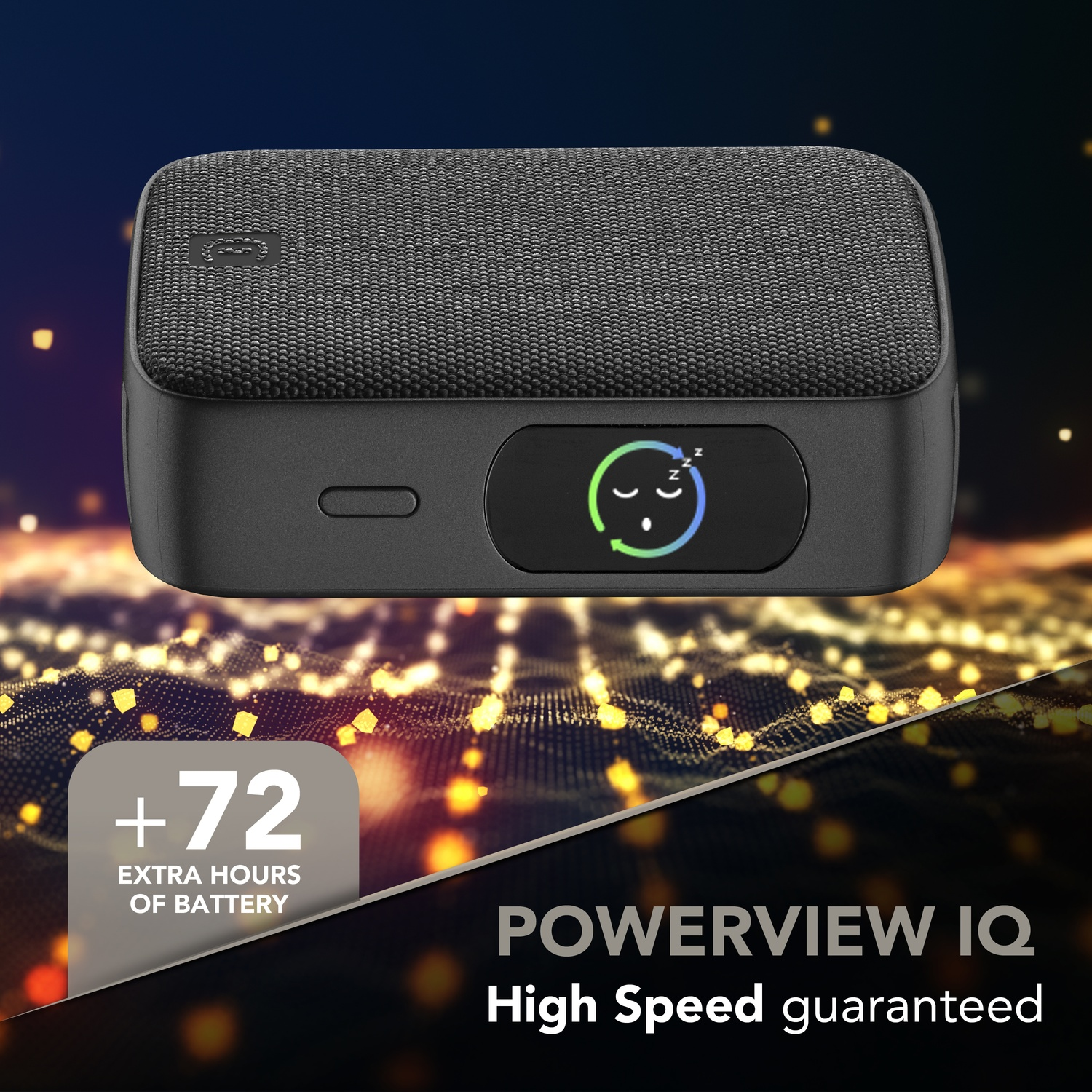 Altoparlante nero con icona del sonno, +72 ore di batteria.