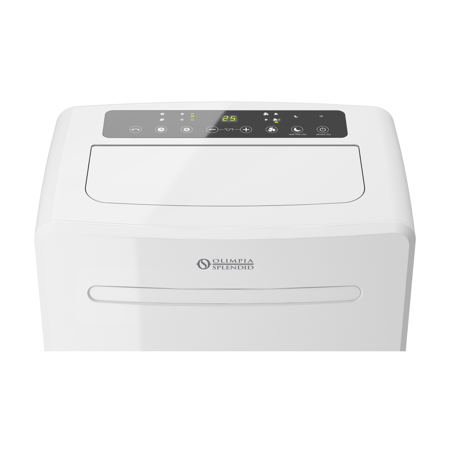 Un condizionatore bianco con display digitale (25°C) e pannello di controllo.