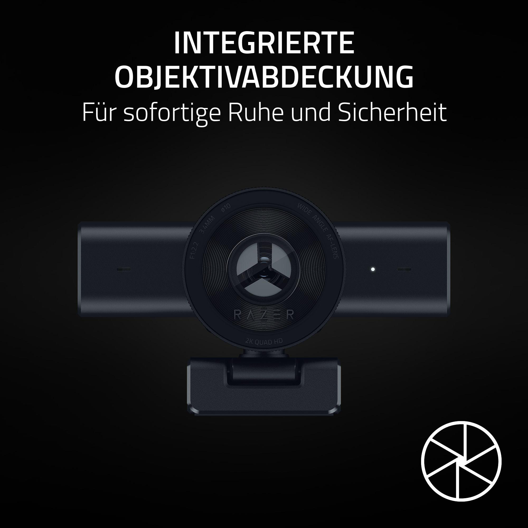 Schwarze Razer Webcam mit integrierter Objektivabdeckung und Logo.