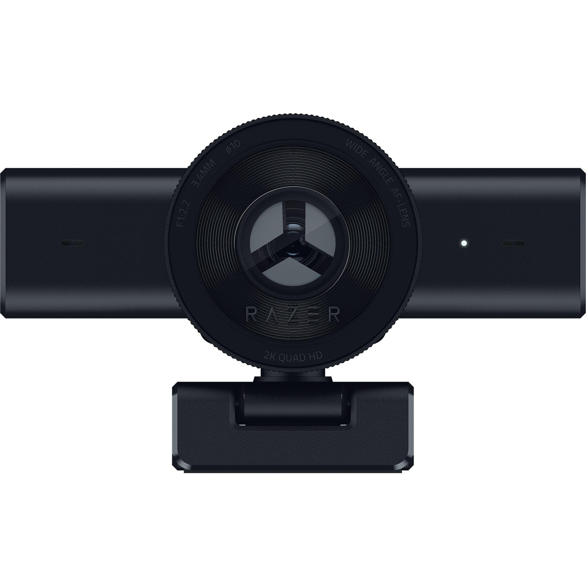 Schwarze Razer Webcam mit breitem Objektiv und Ständer.
