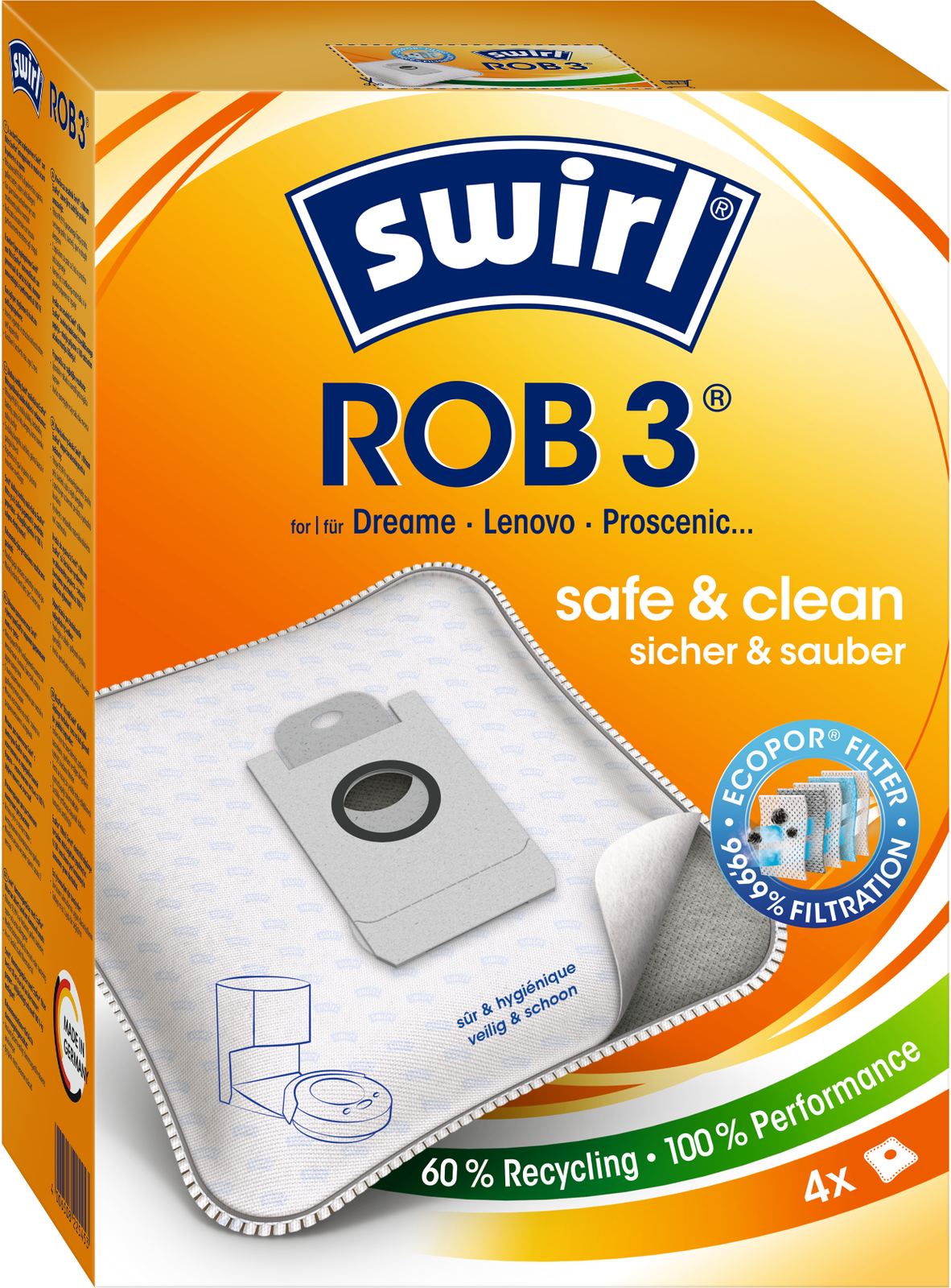Verpackung für Swirl Rob 3 Staubsaugerbeutel mit Filteranzeige.