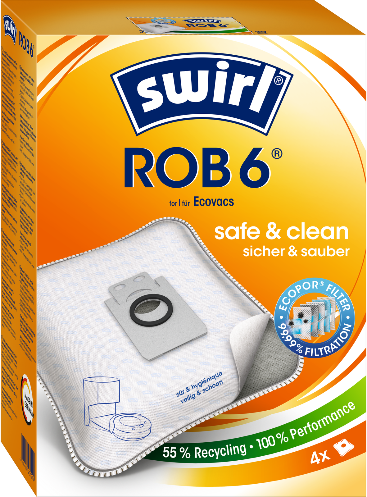 Verpackung für Swirl ROB6 Staubsaugerbeutel mit Ecovacs-Logo, 99,99% Filtration.