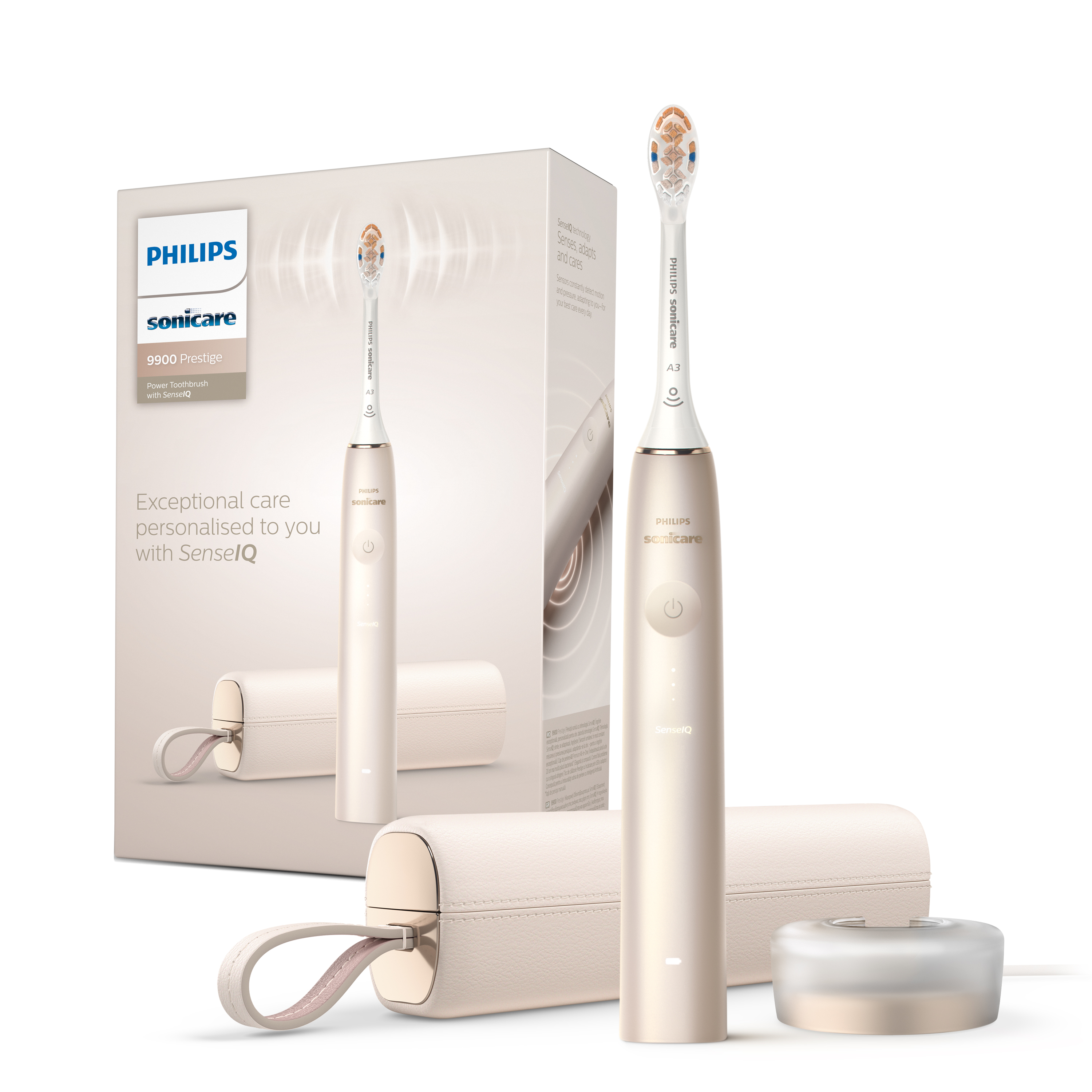 Szczoteczka do zębów Philips Sonicare 9900 Prestige, jej opakowanie, baza ładująca i etui podróżne są przedstawione.