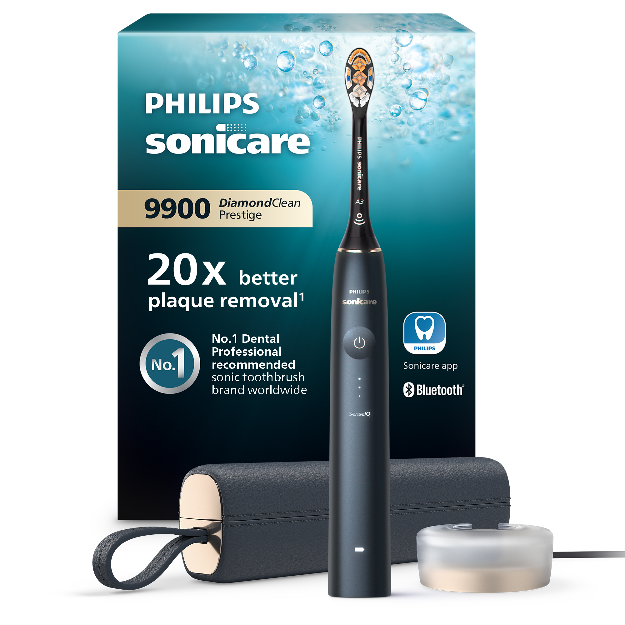 Czarna szczoteczka Philips Sonicare z etui i ładowarką.
