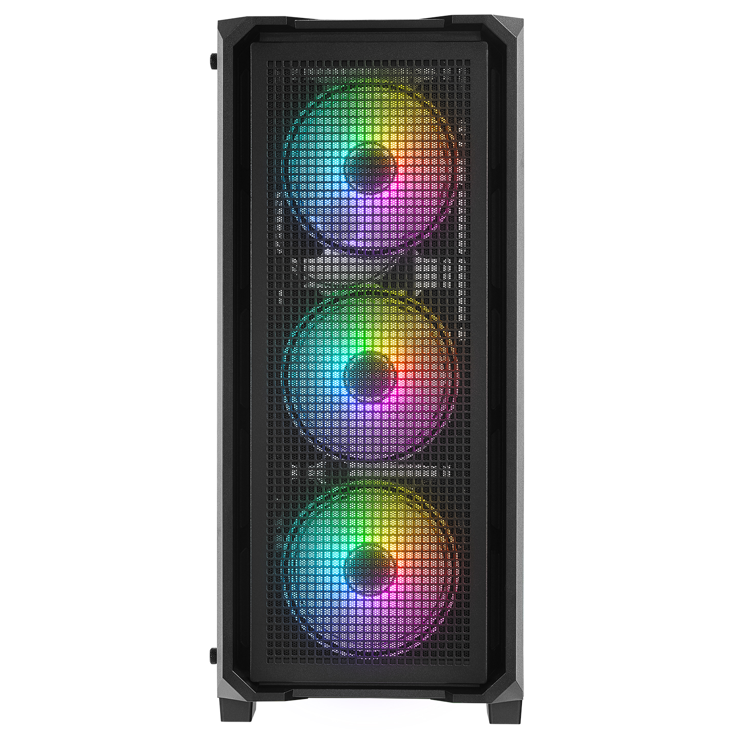 Önünde üç aydınlatmalı RGB fanı olan siyah bilgisayar kasası.