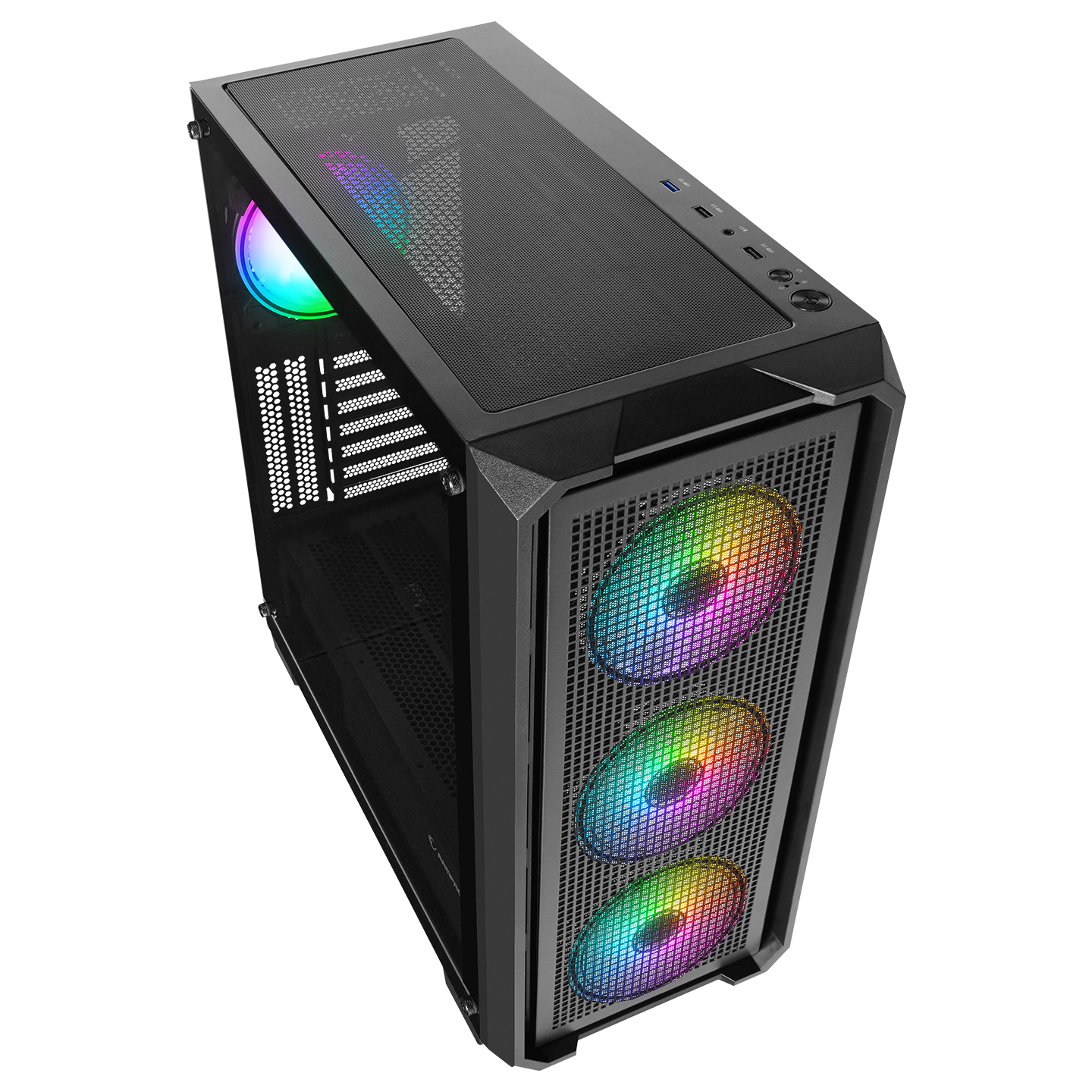 RGB fanlı ve cam pencereli siyah PC kasası. Beyaz arka plan.