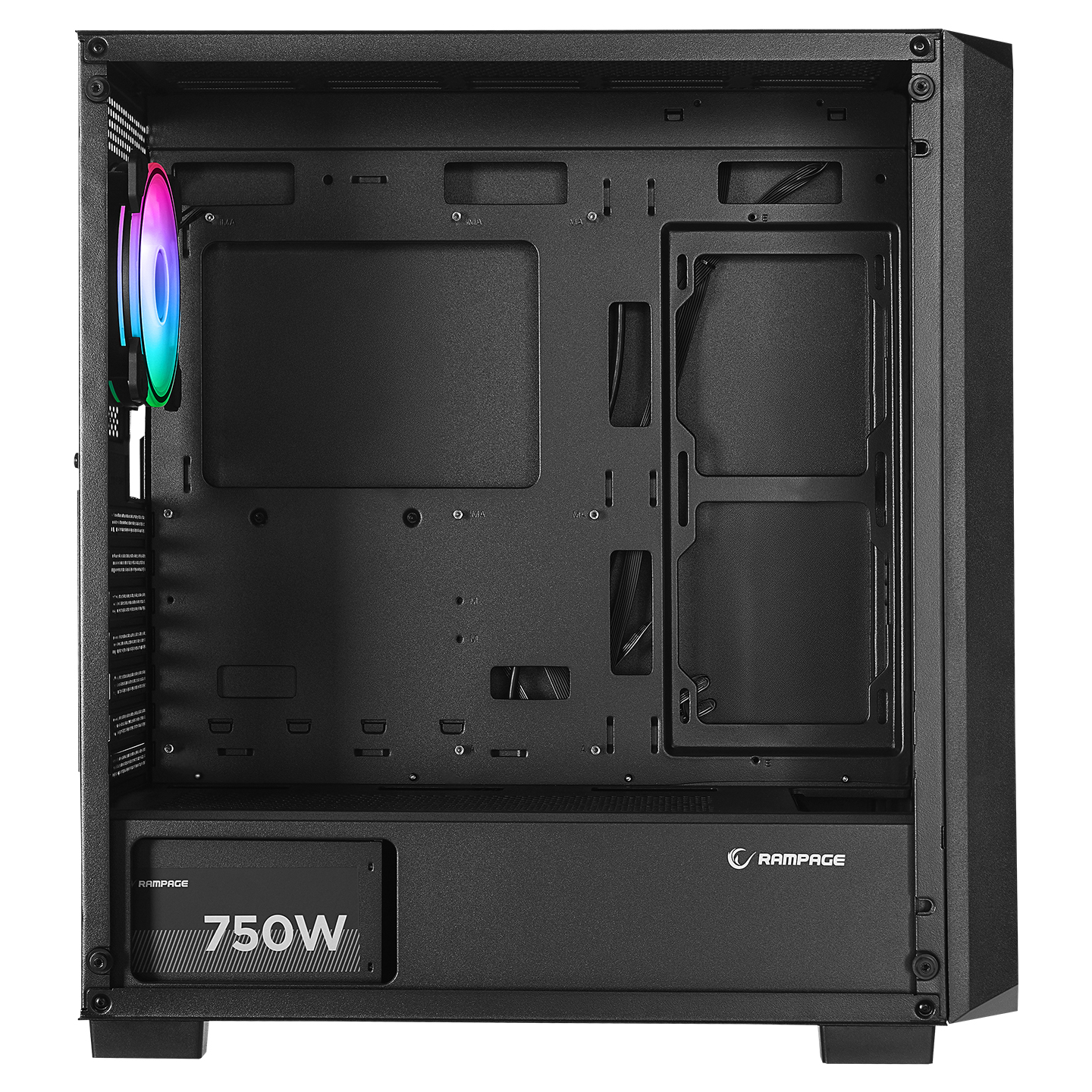 RGB fanlı ve 750W güç kaynağına sahip siyah bilgisayar kasası.