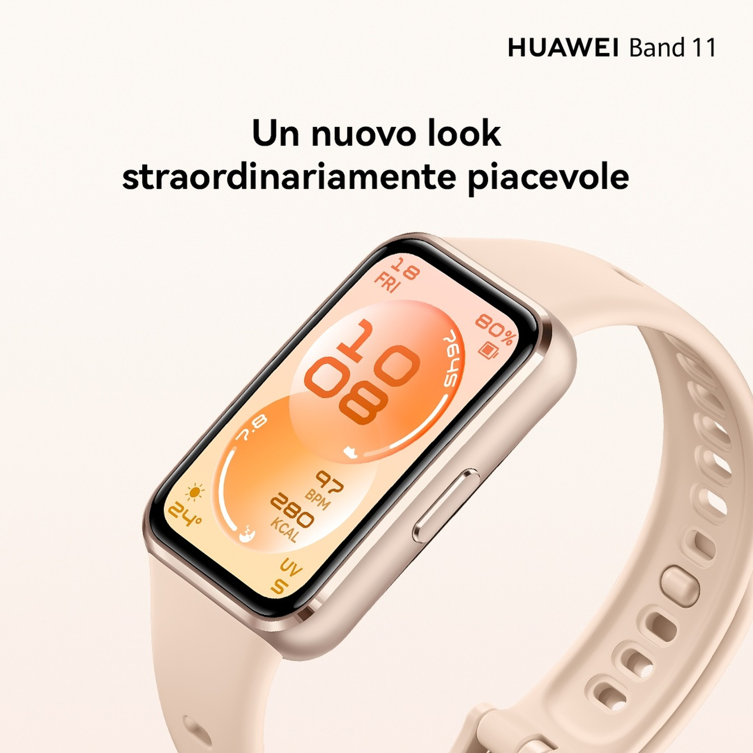 Uno smartwatch Huawei Band 11 beige con display dettagliato.