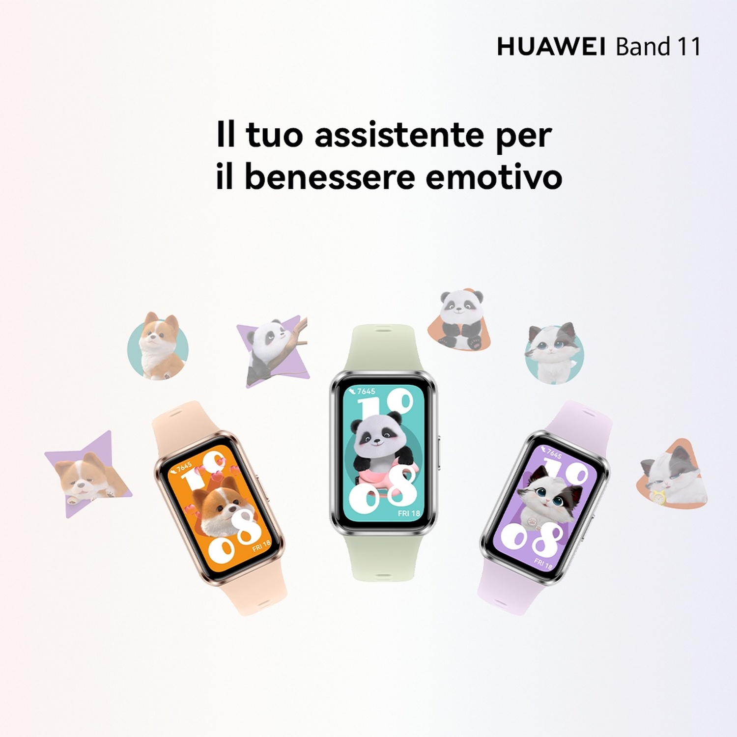 Tre smartwatch Huawei Band 11 con quadranti di animali e adesivi di animali carini.