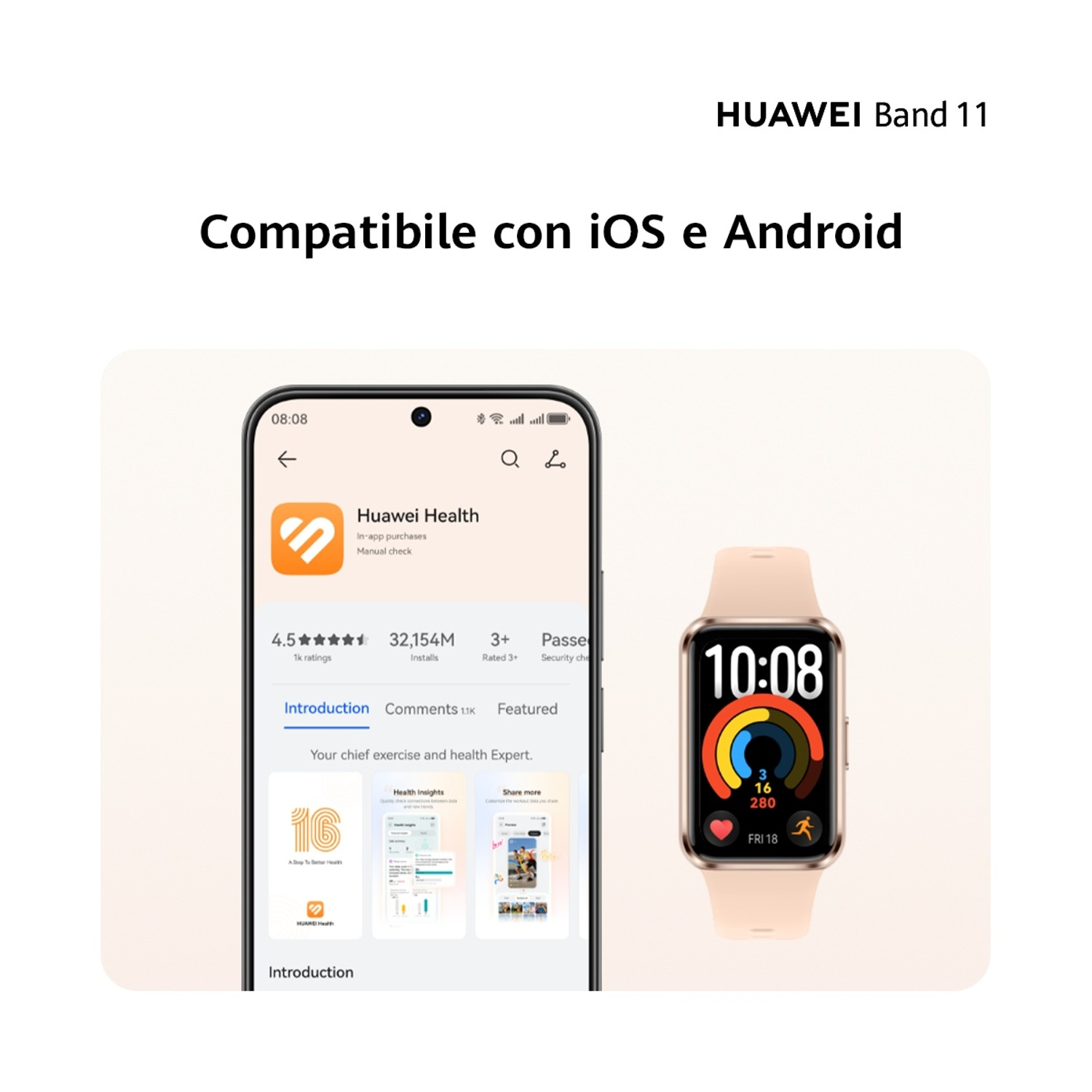 L'immagine mostra lo smartwatch HUAWEI Band 11 e un'anteprima dell'app.