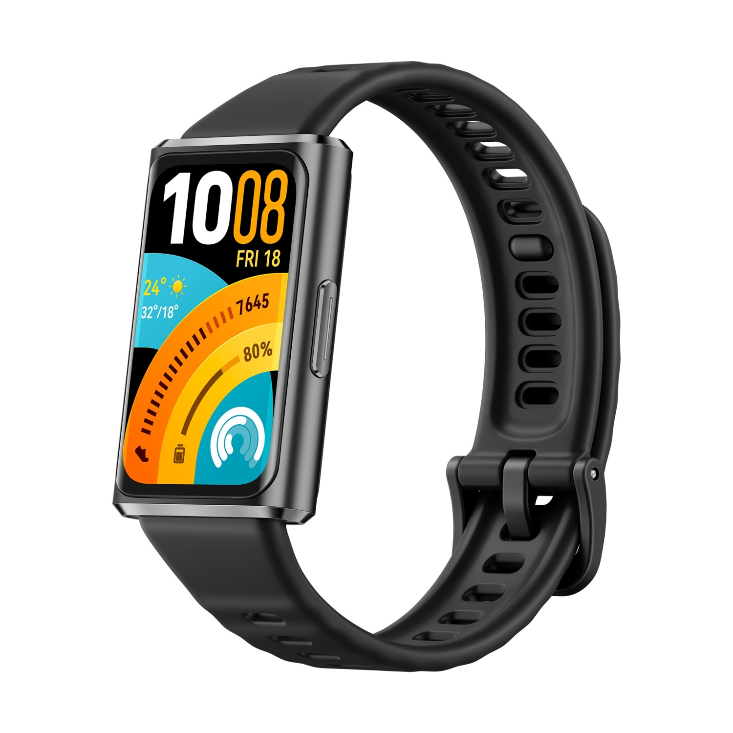 Uno smartwatch nero con display rettangolare che mostra ora, data e informazioni meteo.