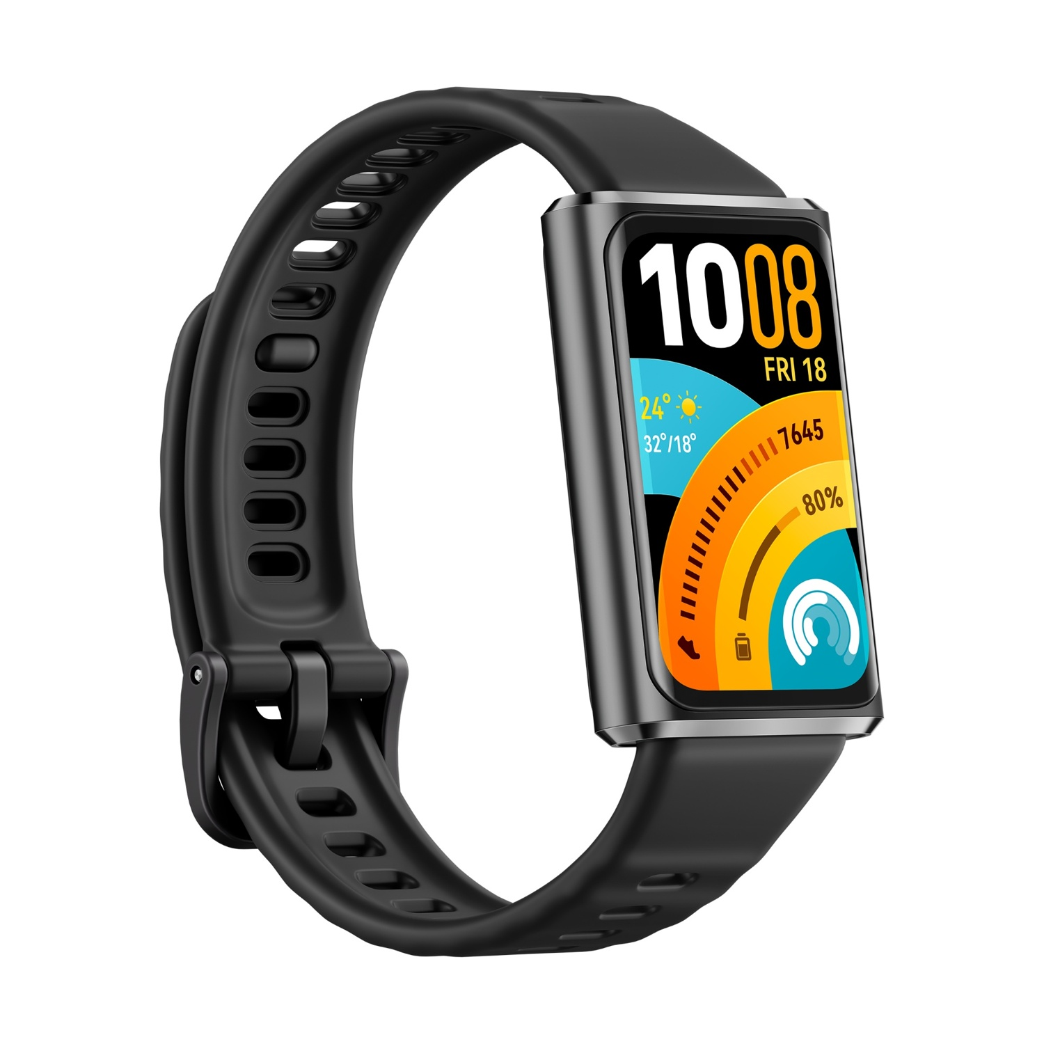 Smartband nero con display a colori mostra ora, data, meteo e frequenza cardiaca.