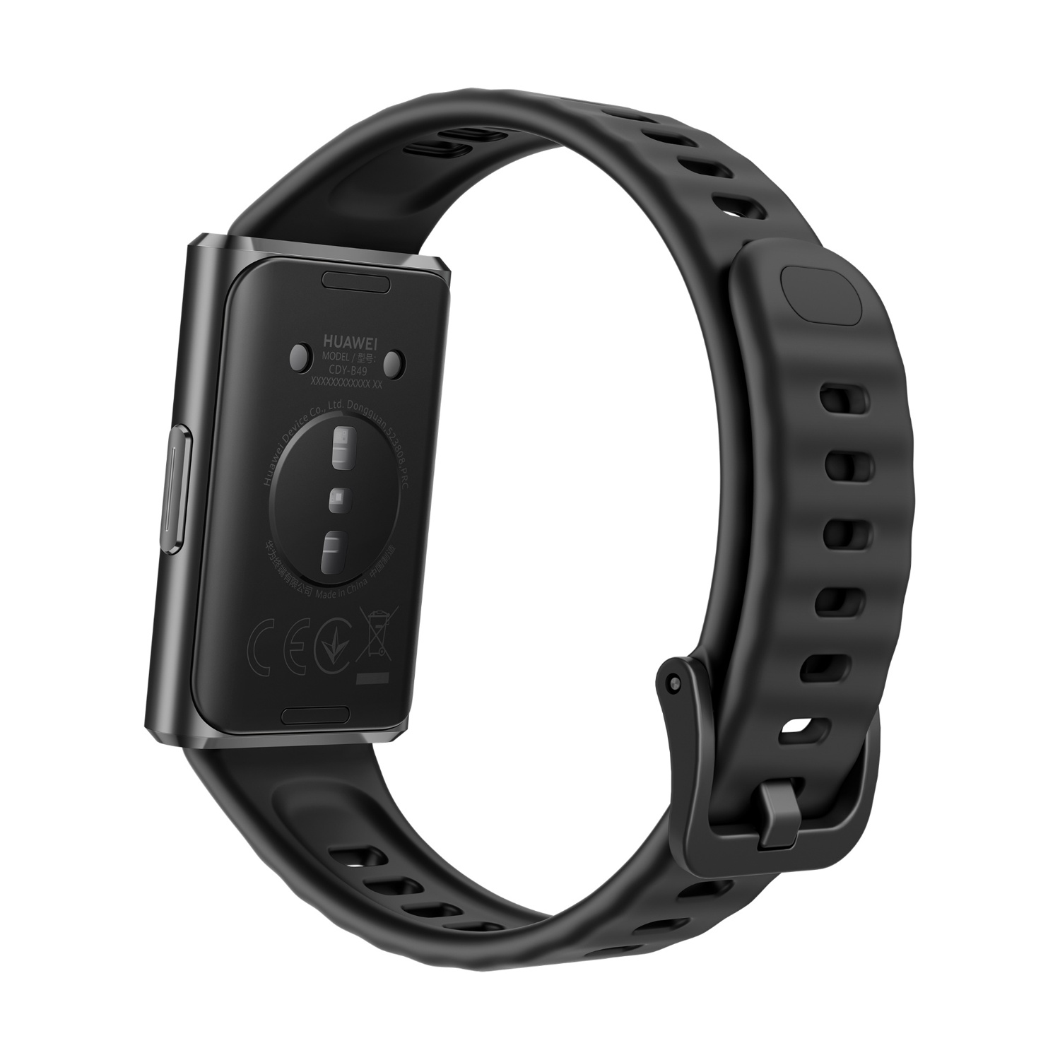 Braccialetto fitness Huawei nero con contatti di ricarica sul retro.