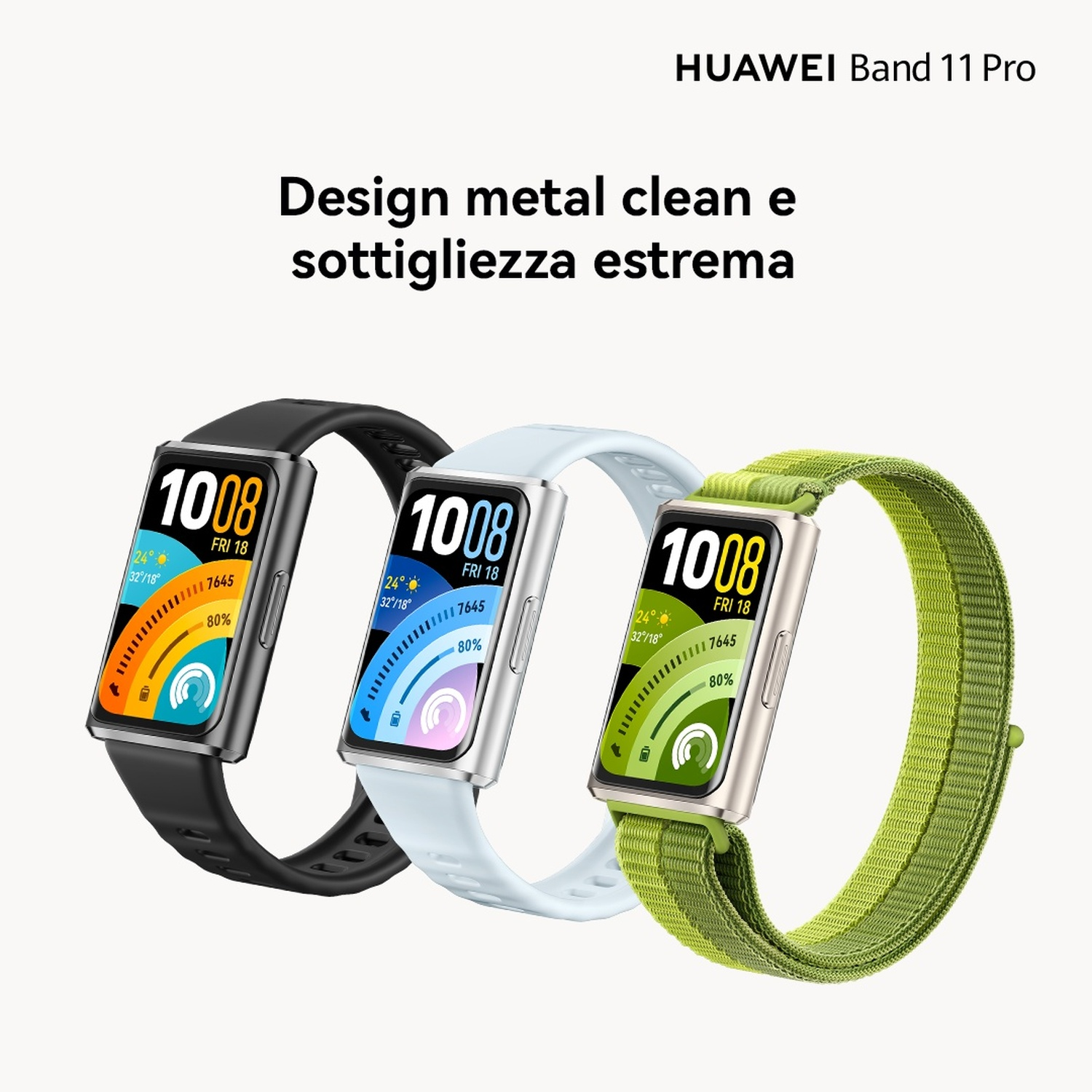 Tre smartwatch Huawei Band 11 Pro in nero, bianco e verde su sfondo neutro.