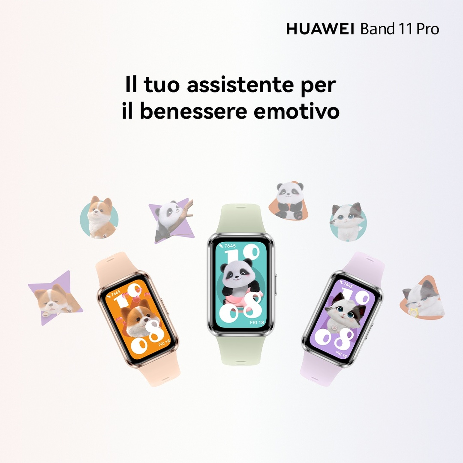 Tre Huawei Band 11 Pro con temi di animali. Cane a sinistra, panda al centro, gatto a destra.