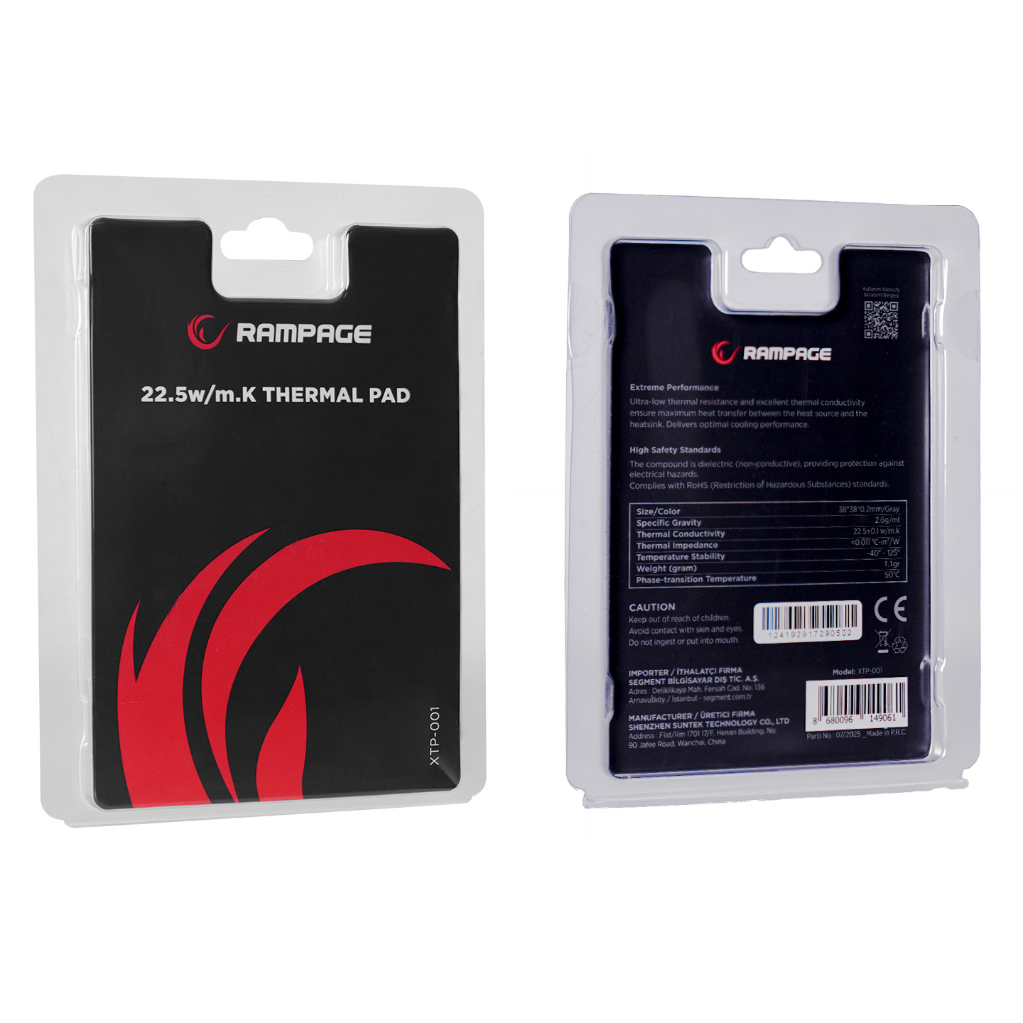 Rampage 22,5W/mK Termal Pad ambalajı, ön ve arka görünümler.
