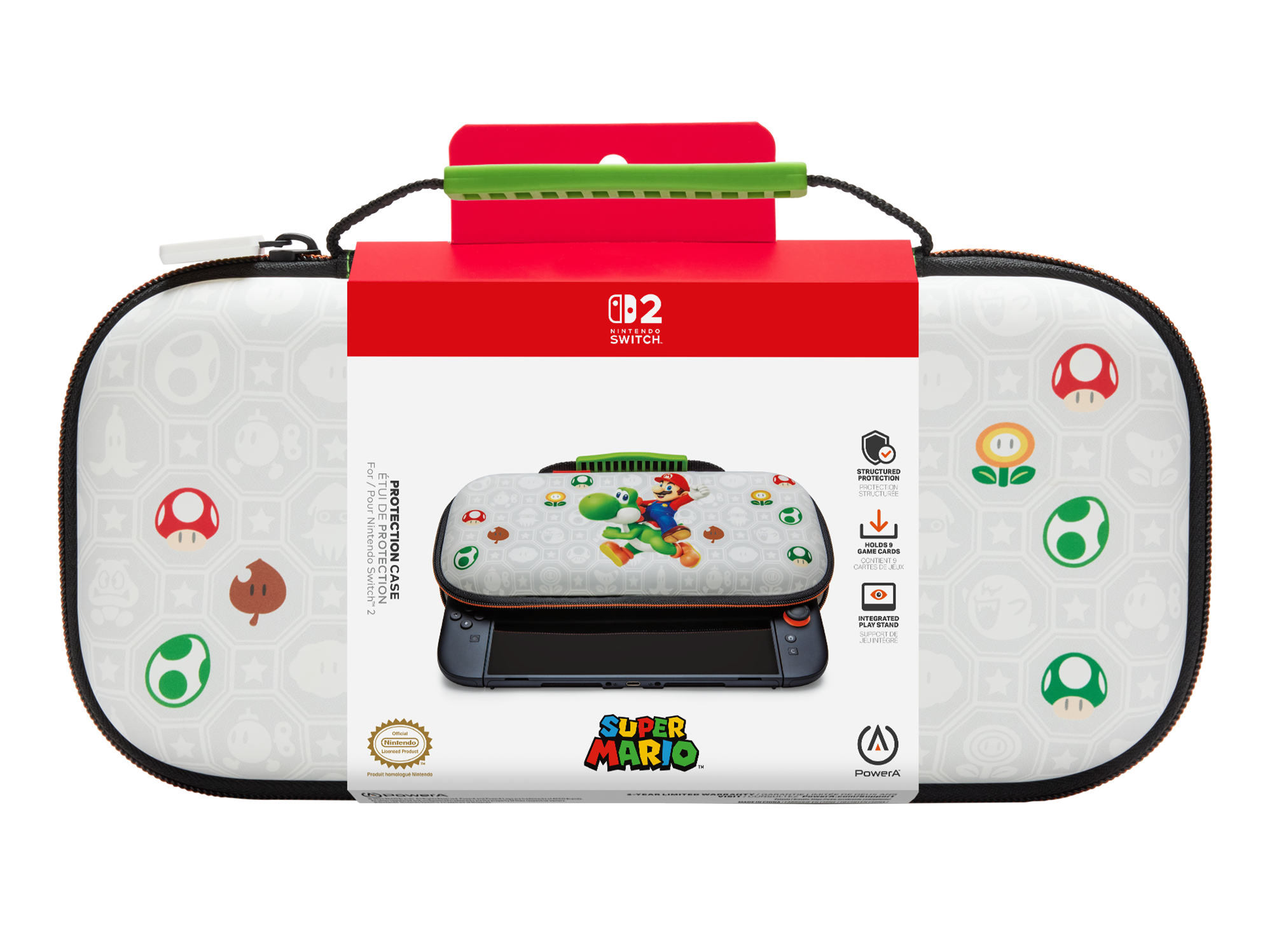 Nintendo Switch Hülle mit Mario-Motiven, Yoshi und Pilzen, weiß mit roten Akzenten.
