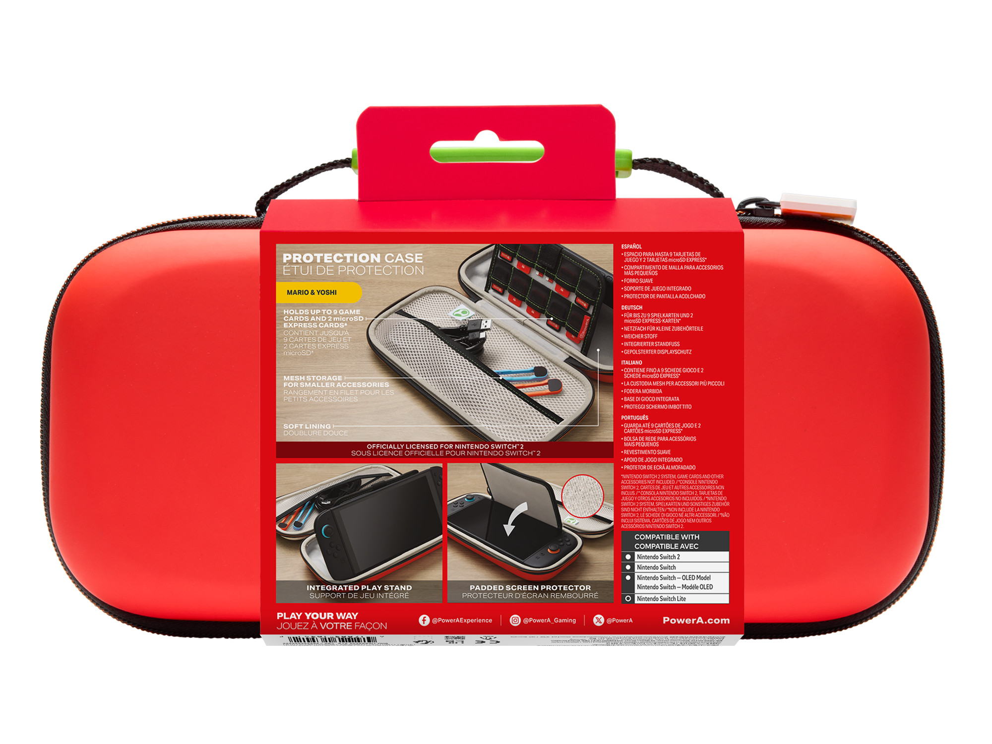 Rote Nintendo Switch Tasche mit Zubehör. Innen ist Platz für Spiele und Zubehör.