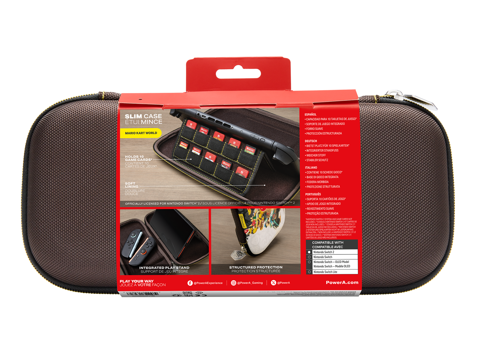 Braune Nintendo Switch Tasche mit Mario Kart Motiv, hält 10 Spiele, integriertem Ständer.