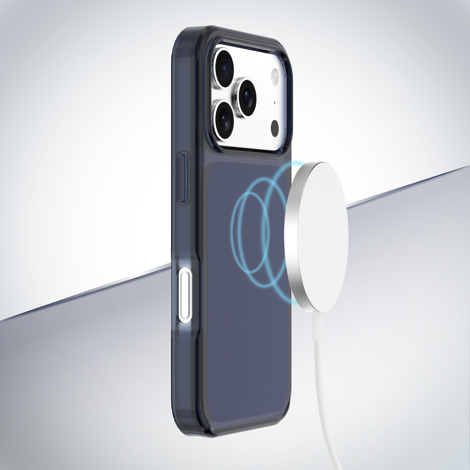Telefono blu scuro in custodia in carica wireless con caricatore bianco.