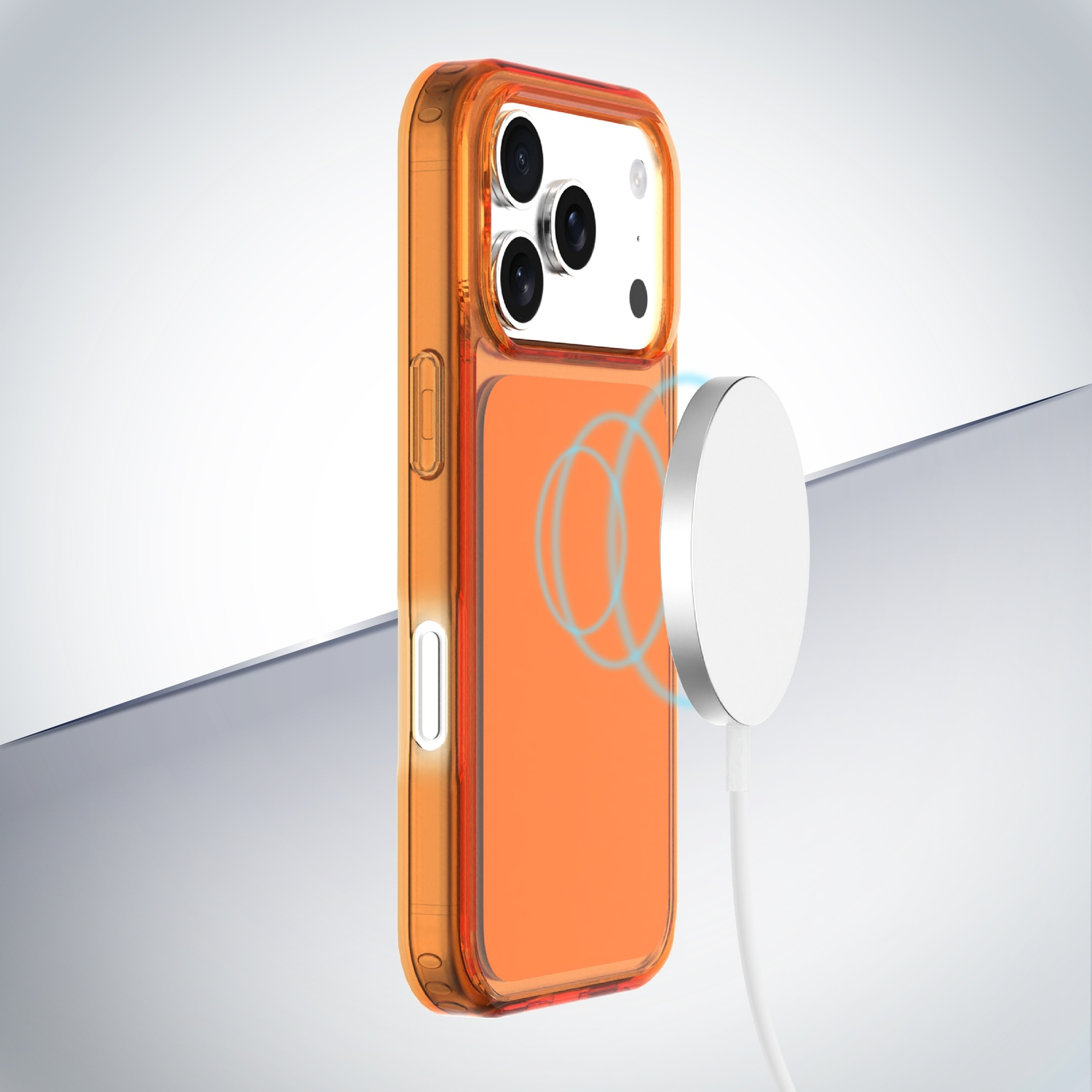 Custodia arancione per telefono con caricatore MagSafe e bobine blu.