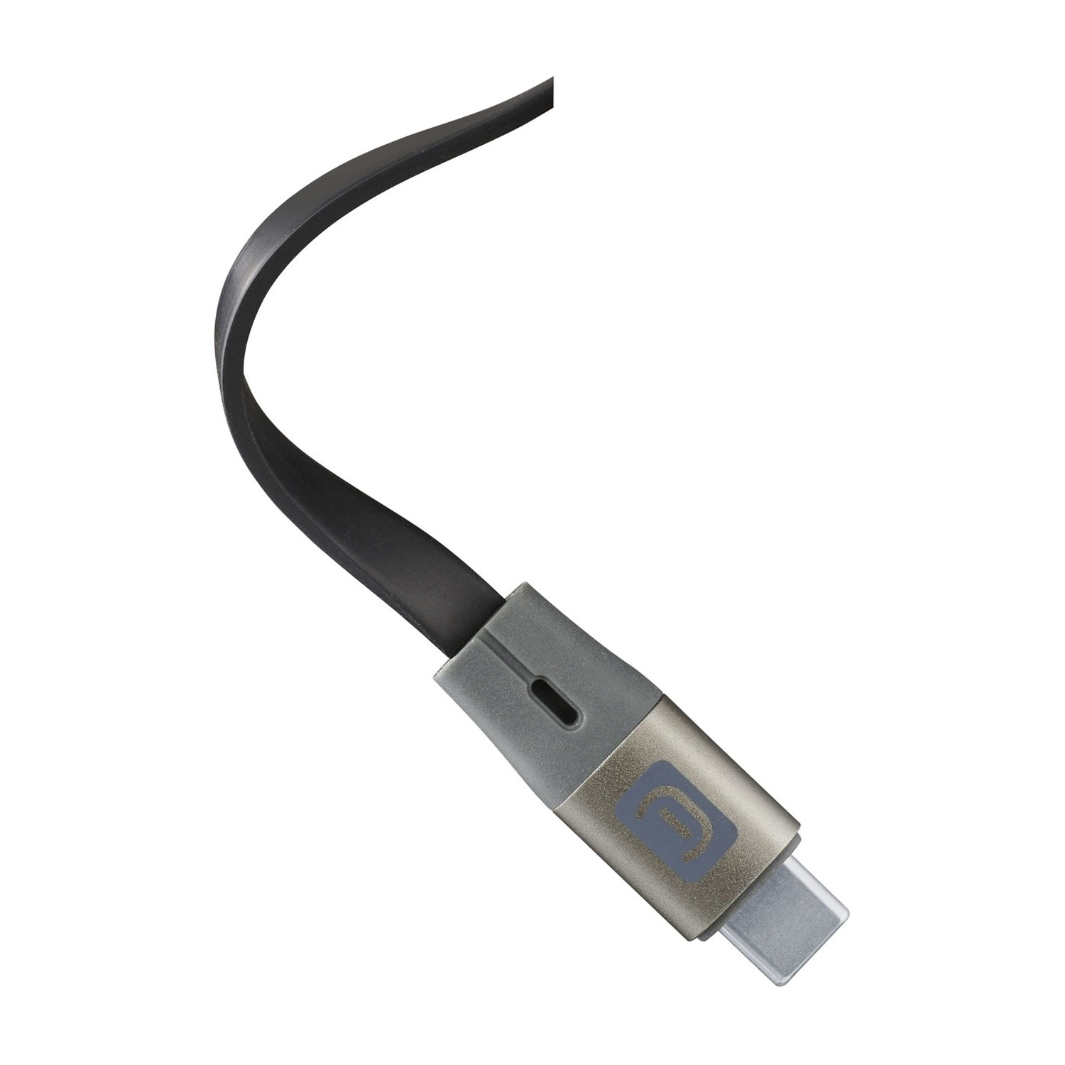 Un cavo USB-C nero con connettore e logo grigi su sfondo bianco.