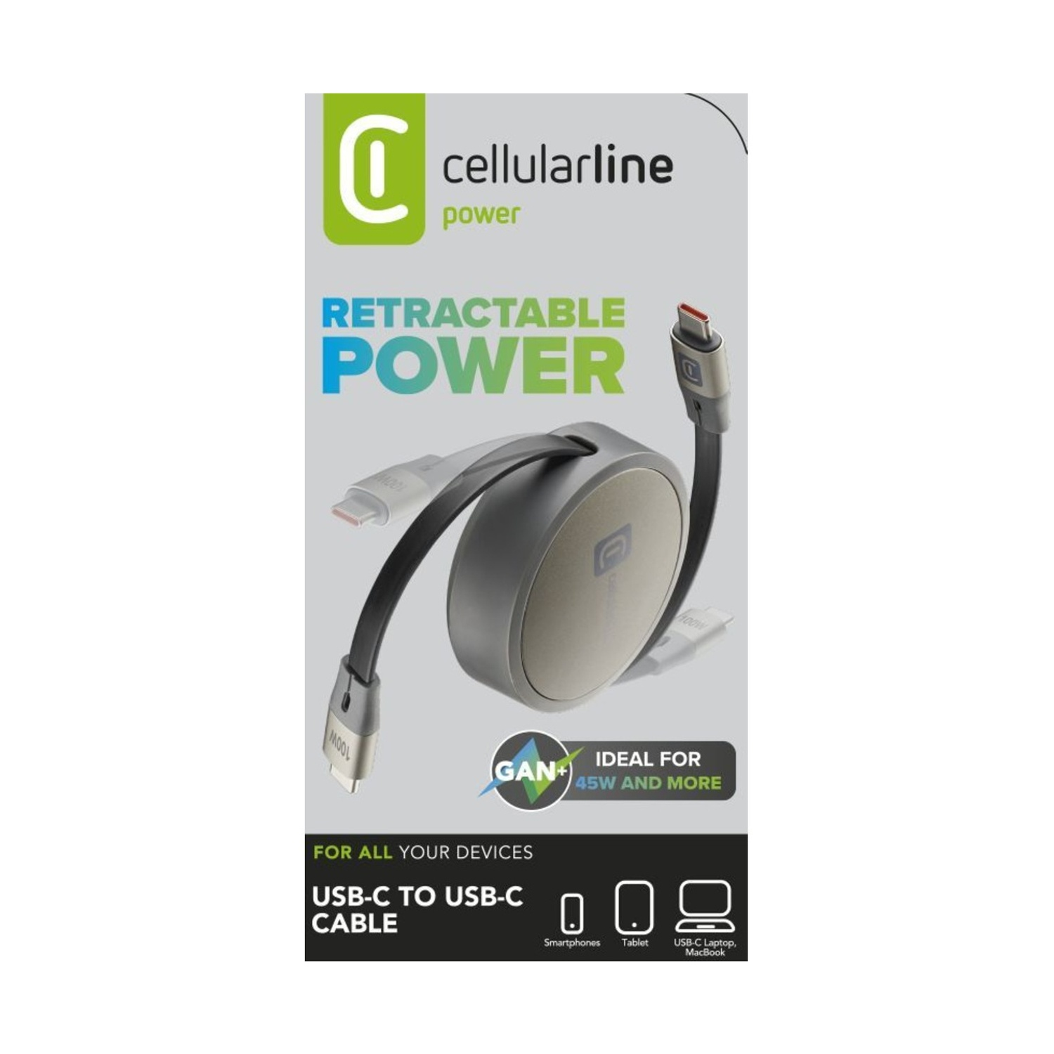 Un cavo USB-C a USB-C retrattile Cellularline, ideale per 45W+.