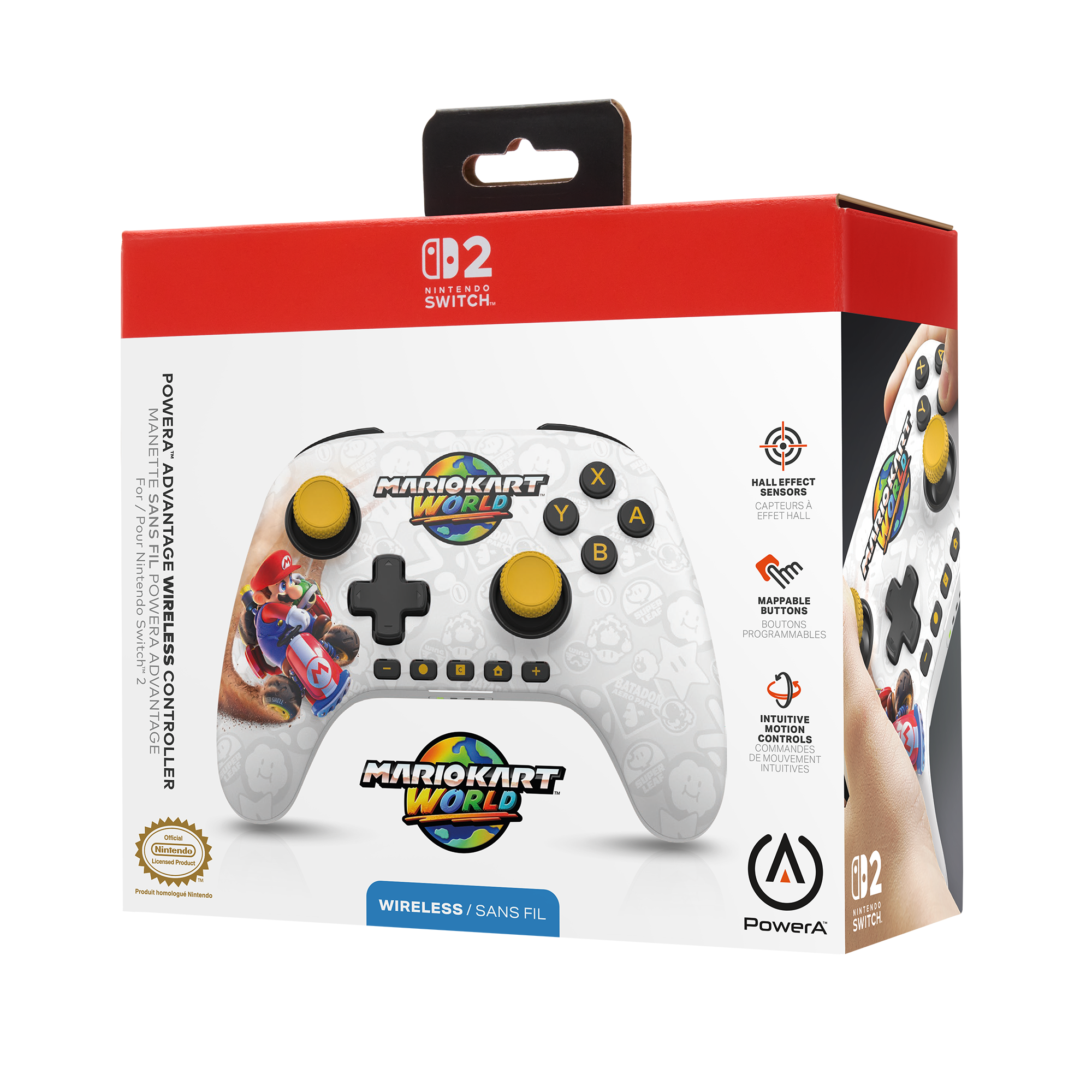 Nintendo Switch Controller-Verpackung mit Mario Kart World-Motiv. Weiß mit gelben Akzenten.