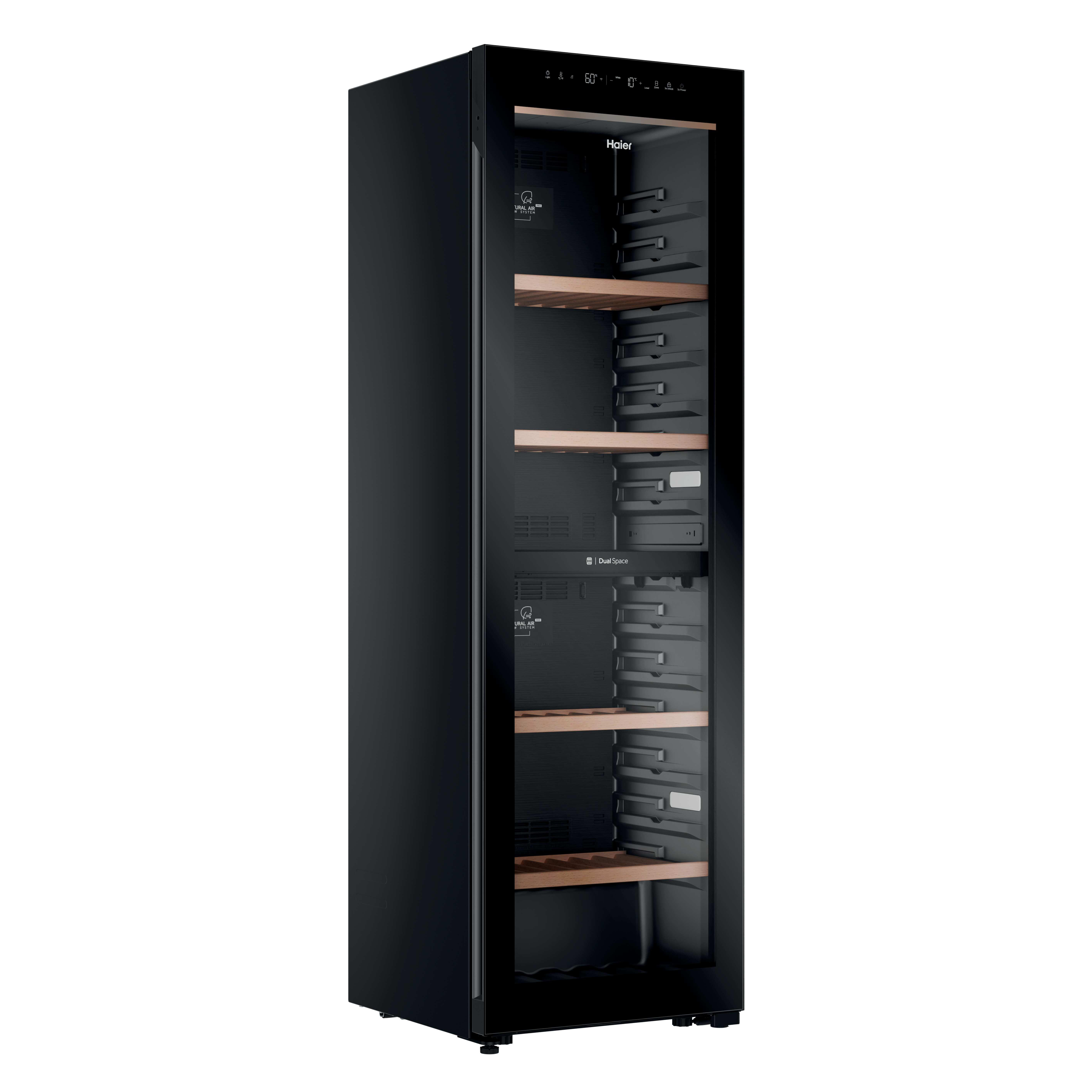 Schwarzer Weinkühlschrank mit Glastür, Holzböden und digitaler Anzeige.