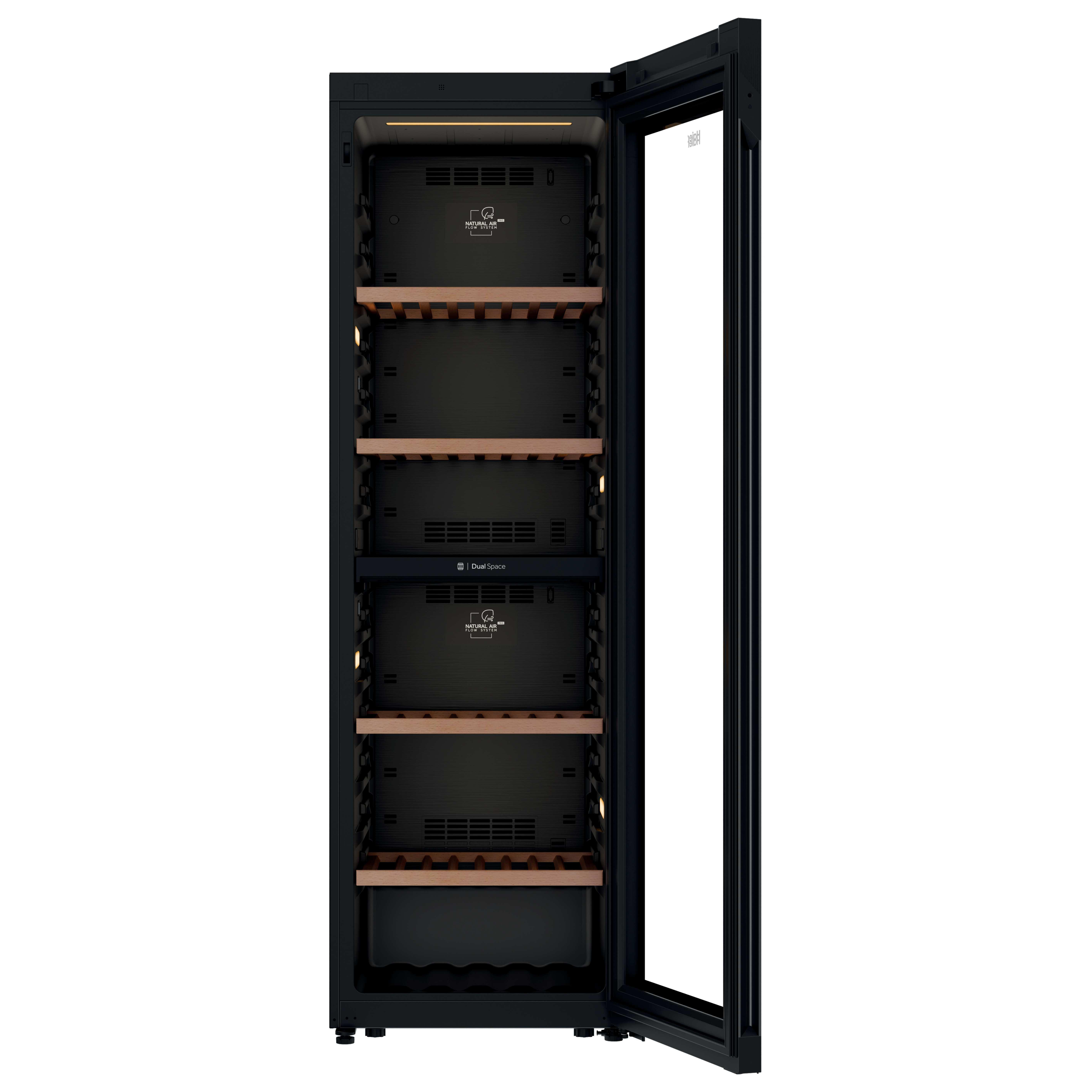 Schwarzer Weinkühlschrank mit Glastür, offen, mit Holzböden und LED-Beleuchtung.