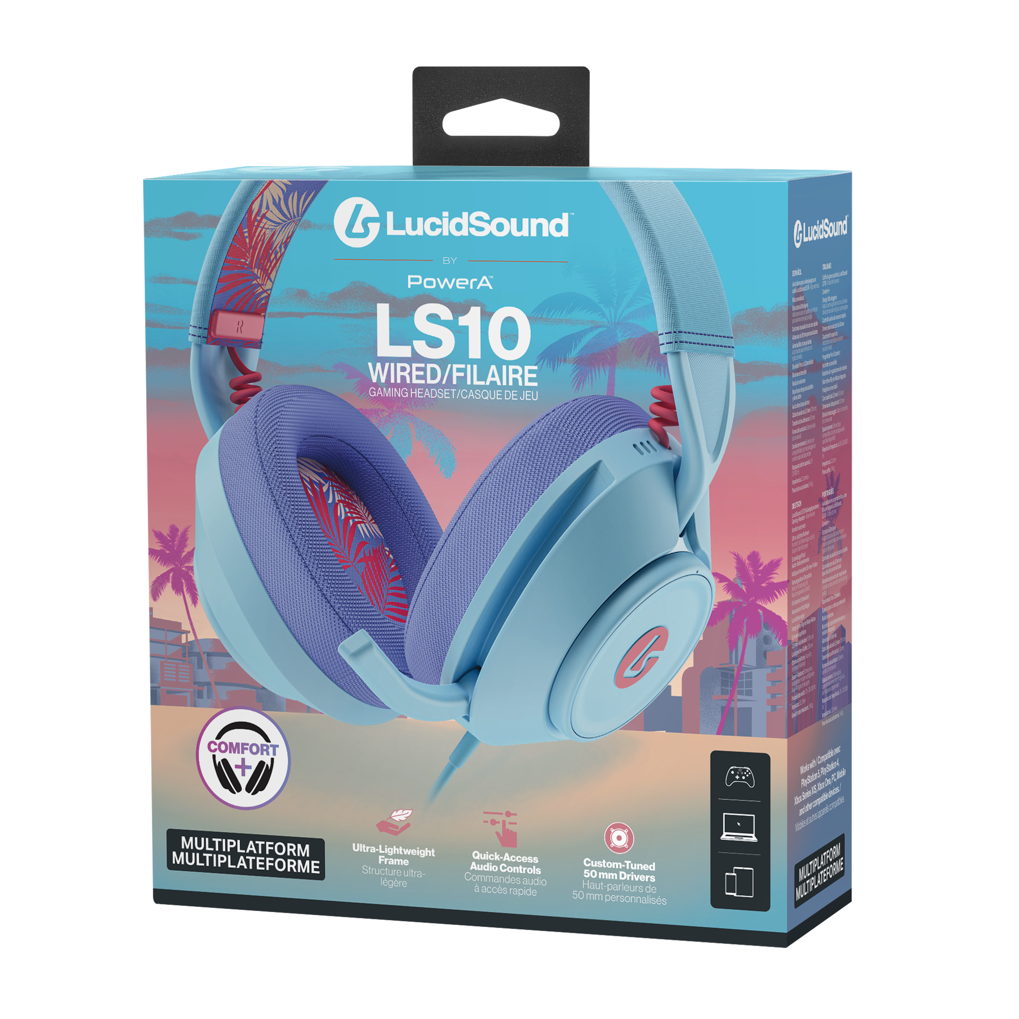 LucidSound LS10 Gaming-Headset-Verpackung mit tropischem Design und Produktmerkmalen.