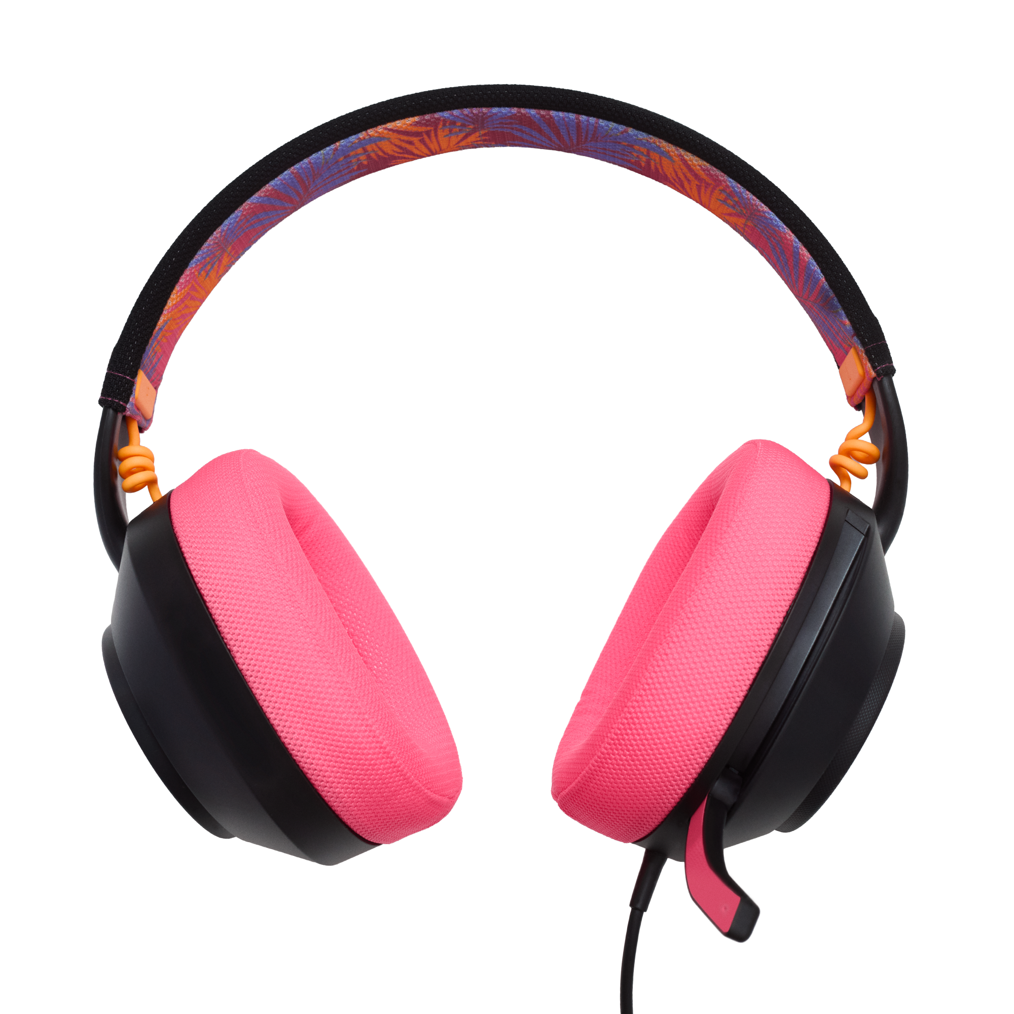 Kopfhörer mit pinken Ohrmuscheln, schwarzem Bügel und buntem Kopfband.