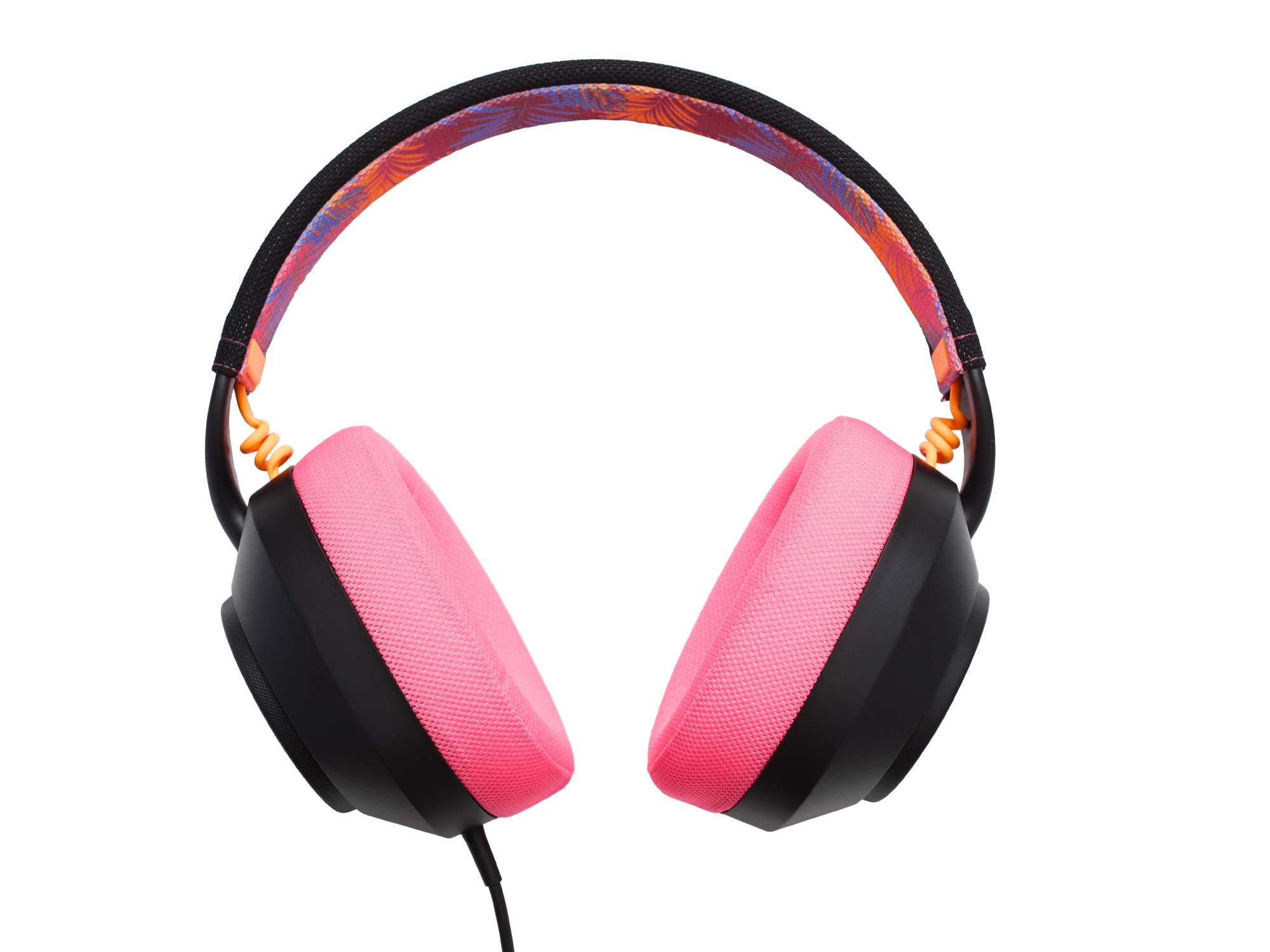 Kopfhörer mit pinken Ohrmuscheln und gemustertem Bügel.
