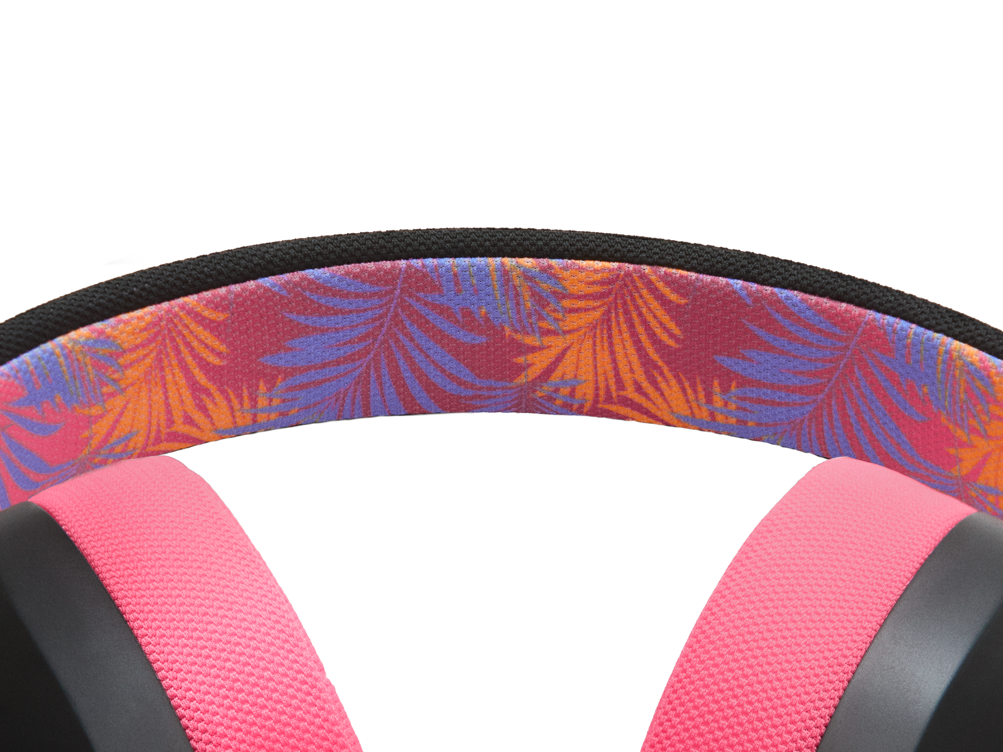 Ein Kopfhörerbügel mit tropischem Muster in Pink, Orange und Lila auf schwarzem Hintergrund.