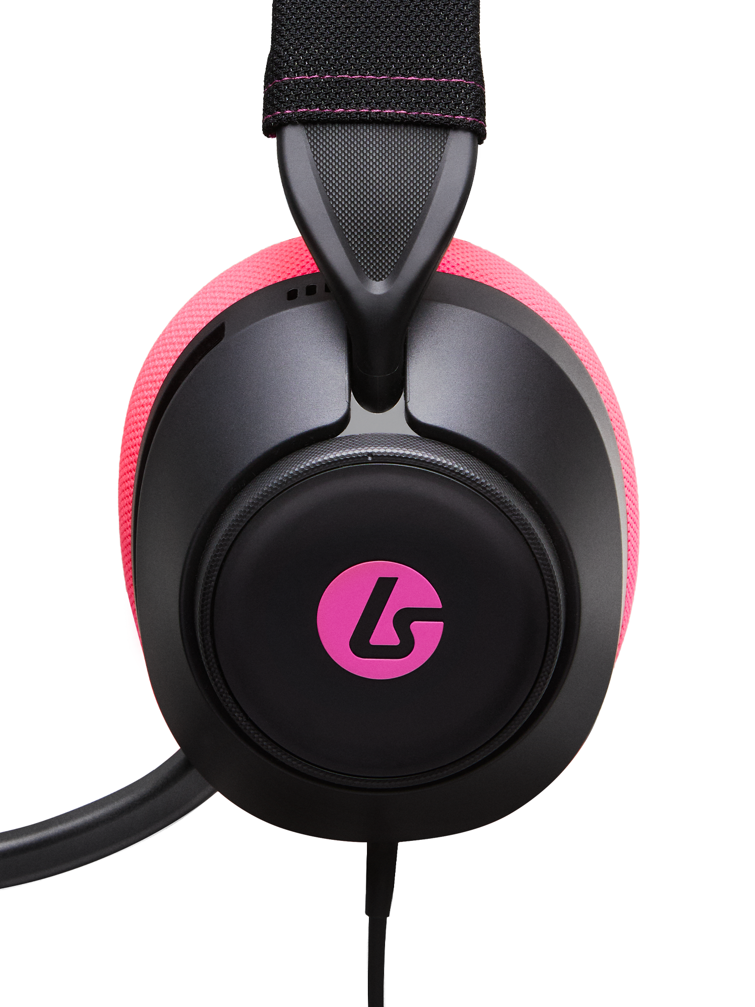 Schwarzer Kopfhörer mit pinken Akzenten, Logo auf Ohrschale.