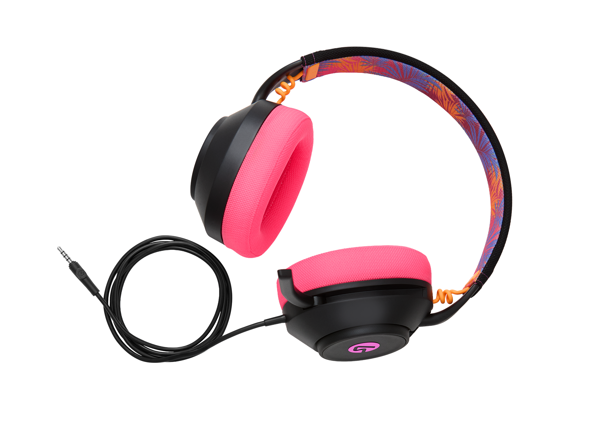 Schwarzer Kopfhörer mit pinken Ohrmuscheln und buntem Bügel. Schwarzes Kabel mit Klinkenstecker.