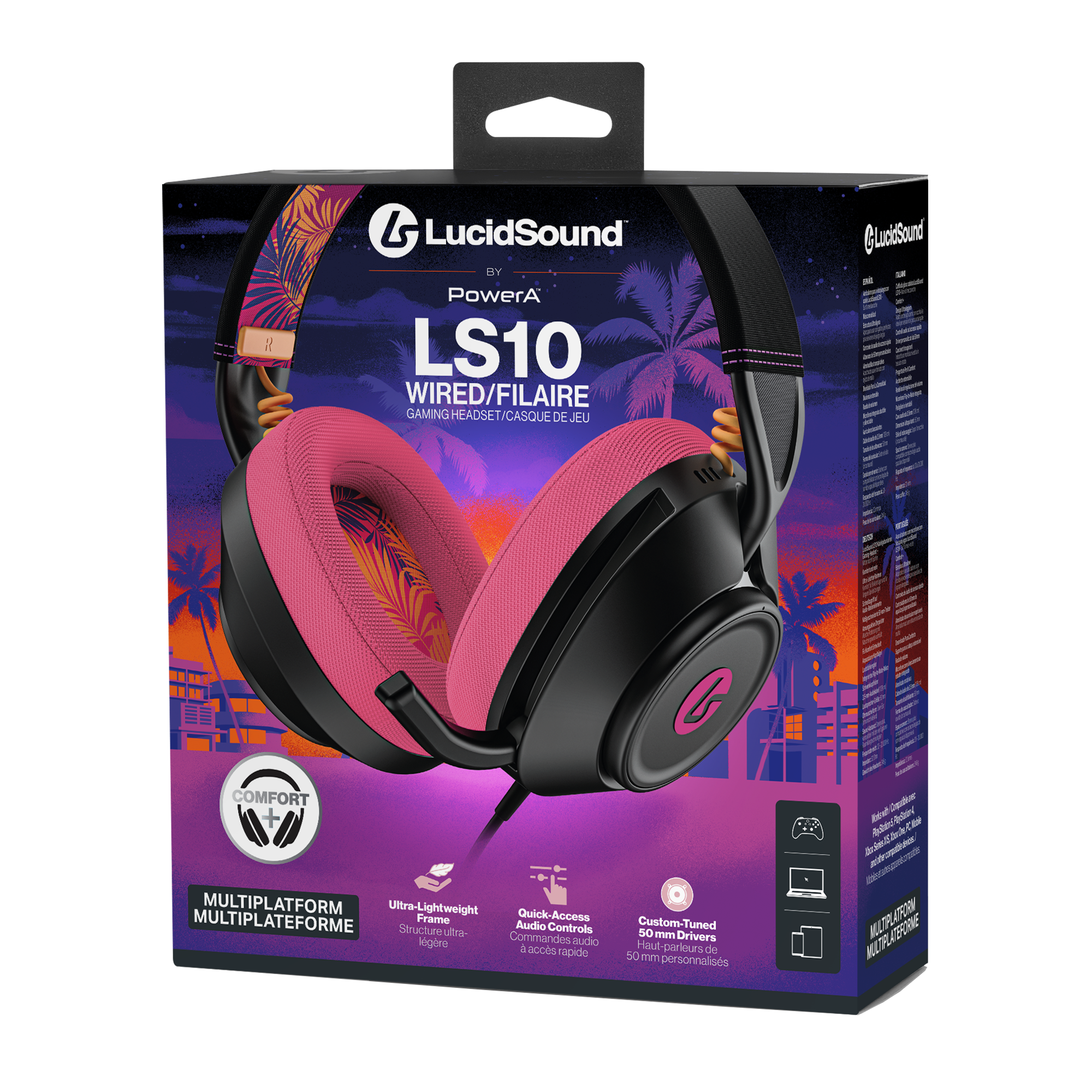 Box mit pinken Kopfhörern und tropischem Muster. LucidSound LS10.