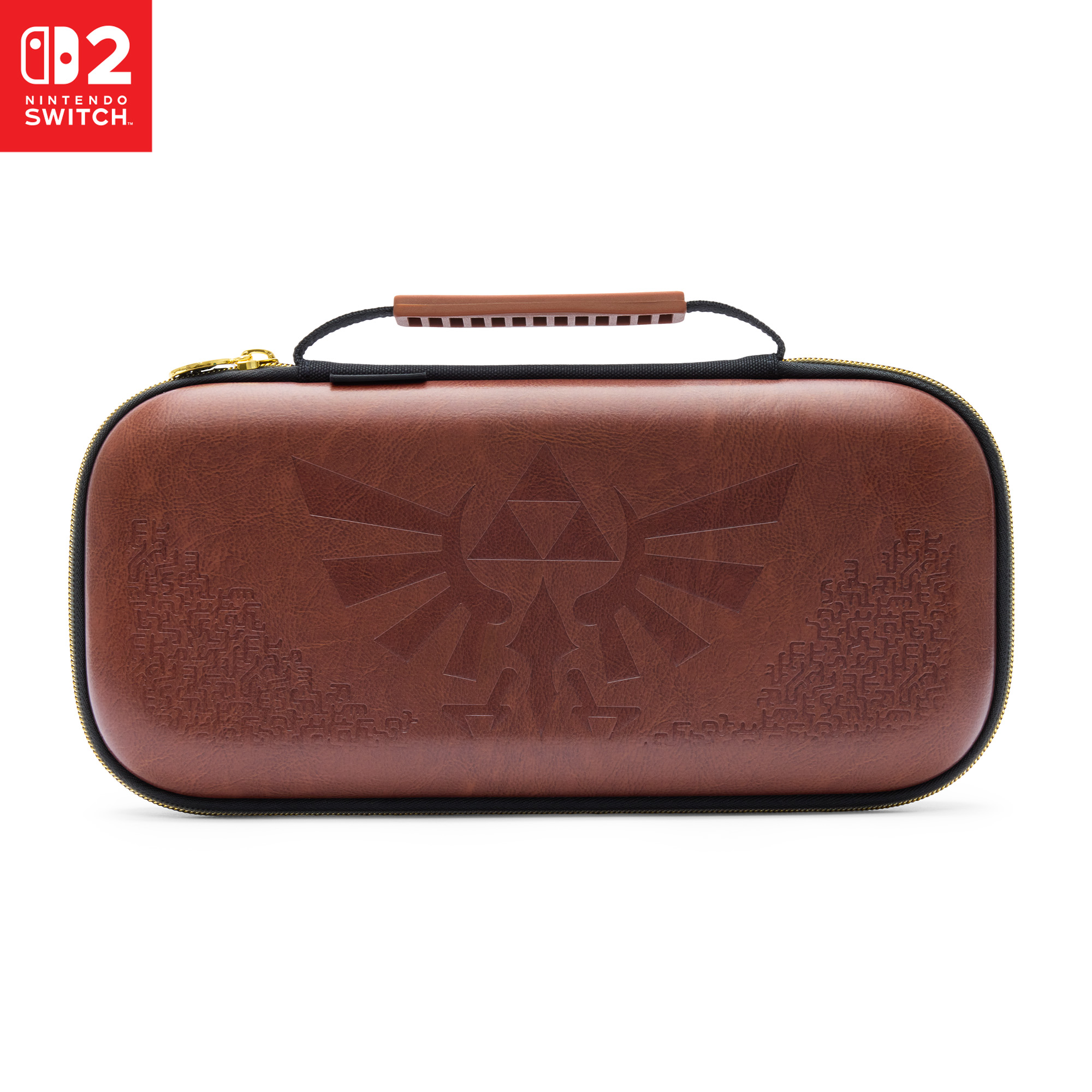 Braune Nintendo Switch Tasche mit Triforce-Symbol und Schriftzeichen.