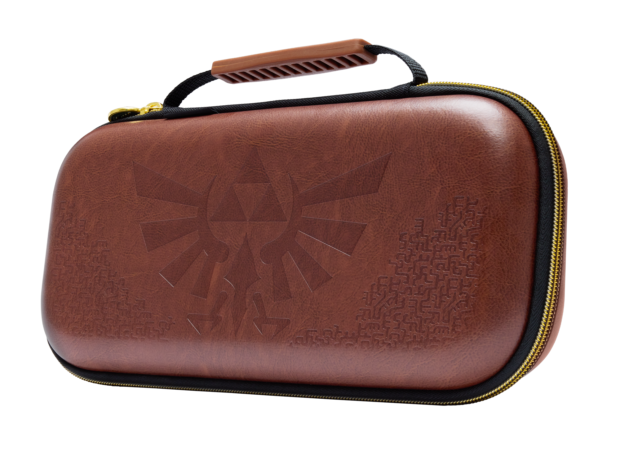 Braune Tasche mit Triforce-Symbol und Schriftzug, schwarzer Reißverschluss.