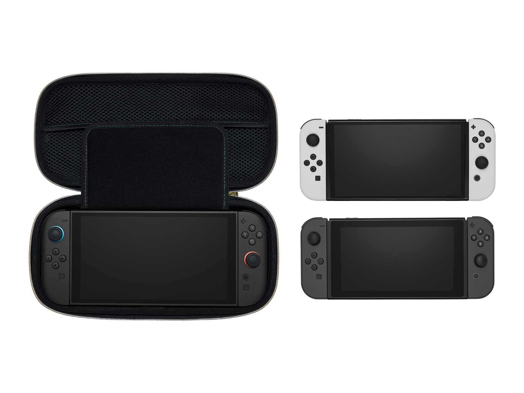 Ein Nintendo Switch in einer schwarzen Tasche und zwei separate Konsolen.