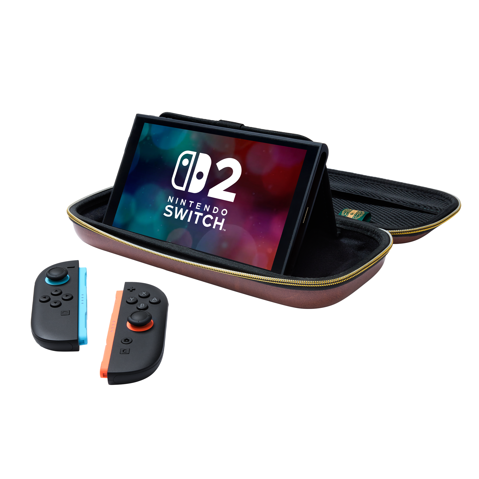 Nintendo Switch mit Hülle und Controllern. Schwarzer Hintergrund.