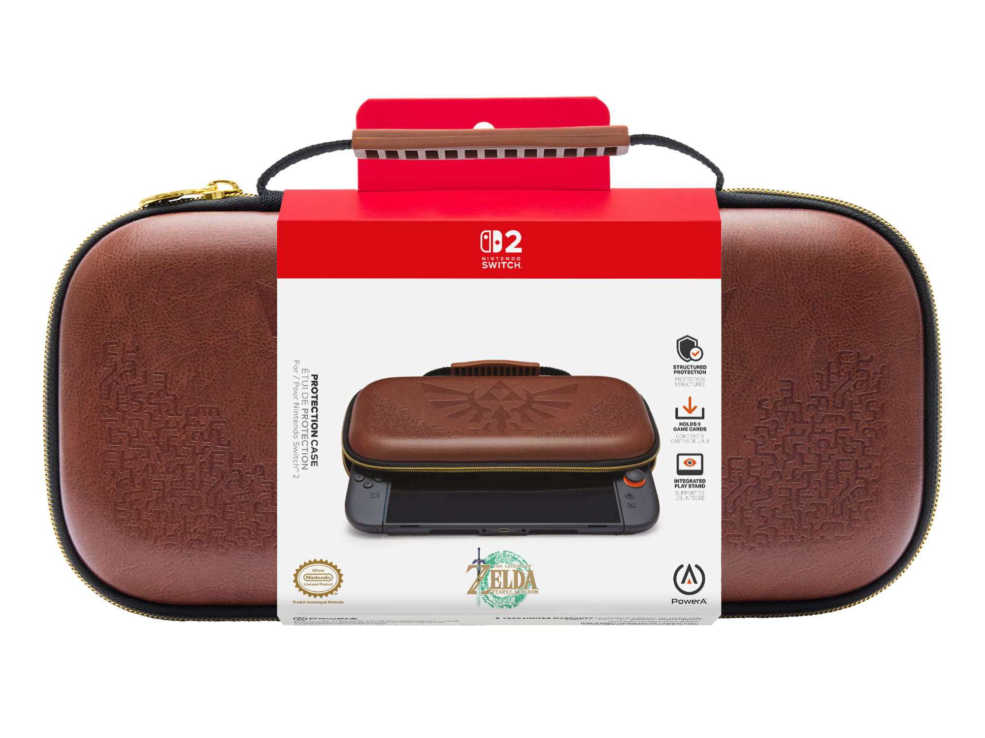 Braune Nintendo Switch Tasche mit Zelda-Motiv und offenem Fach, das die Konsole zeigt.