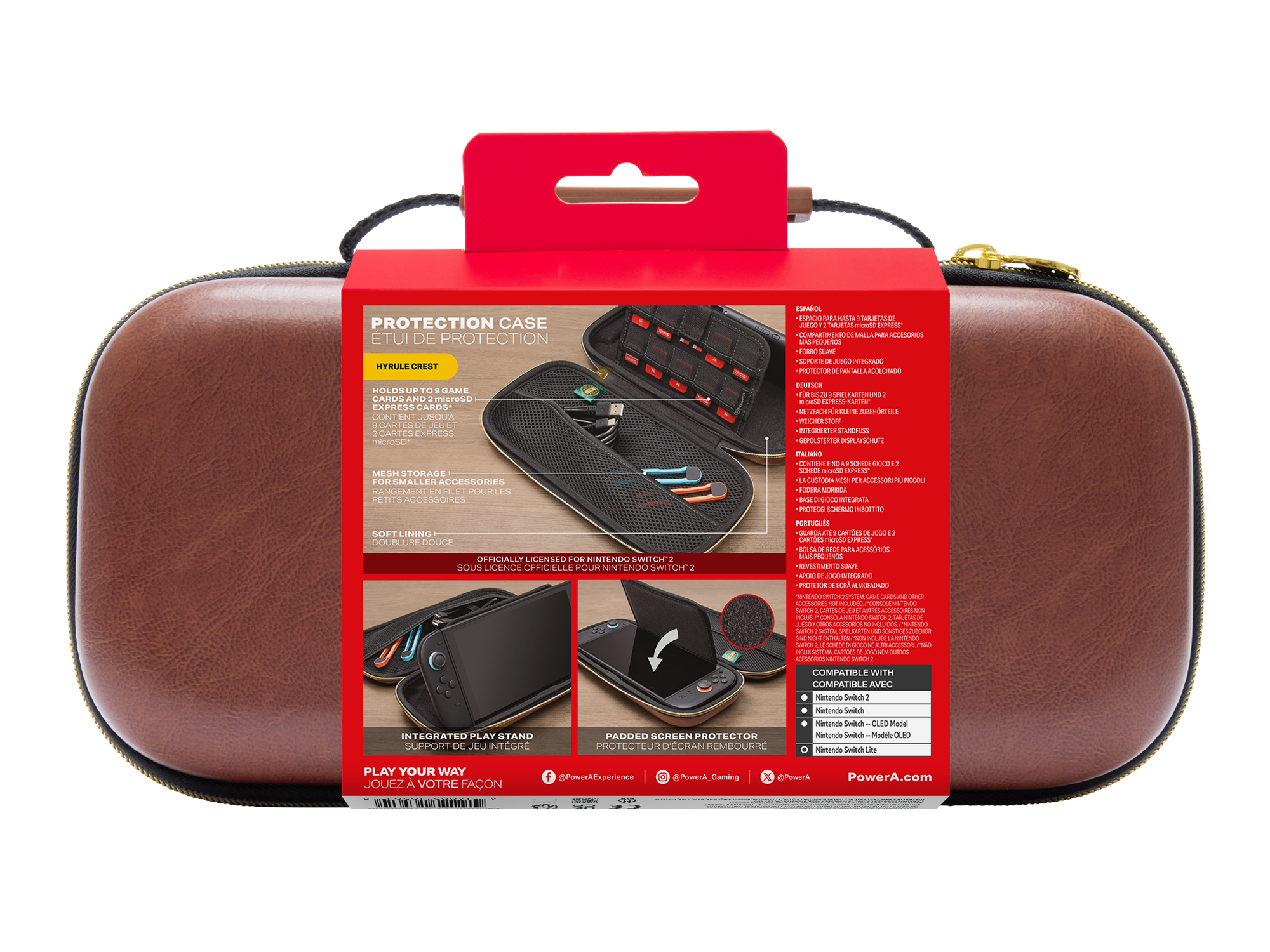 Braune Nintendo Switch Tasche, geöffnet, zeigt Fächer für Spiele und Zubehör.