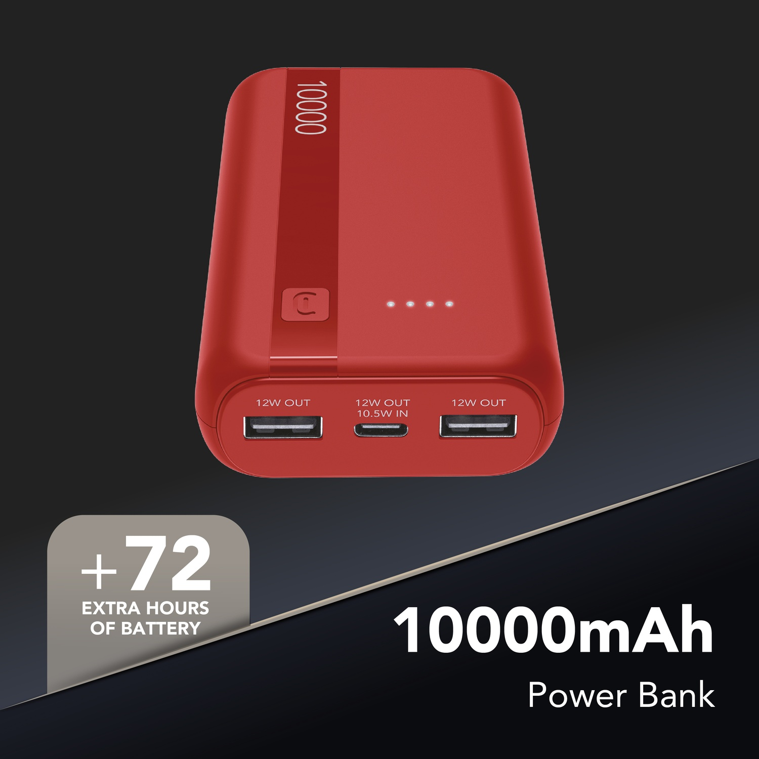 Power bank rosso da 10000mAh con 3 porte USB e 4 spie.